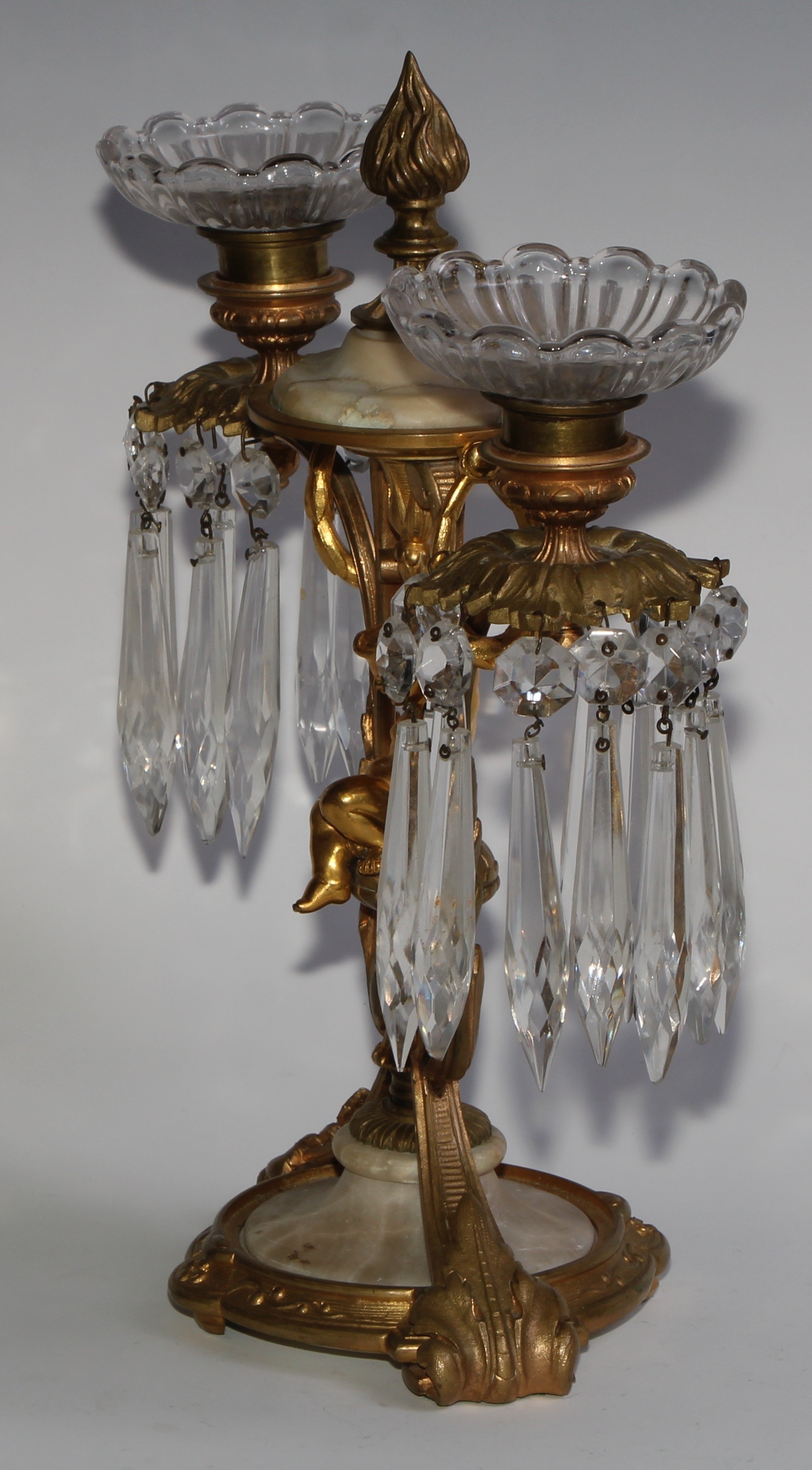A pair of 19th century French gilt metal and alabaster two-light mantel candle lustres, each centred - Image 5 of 10