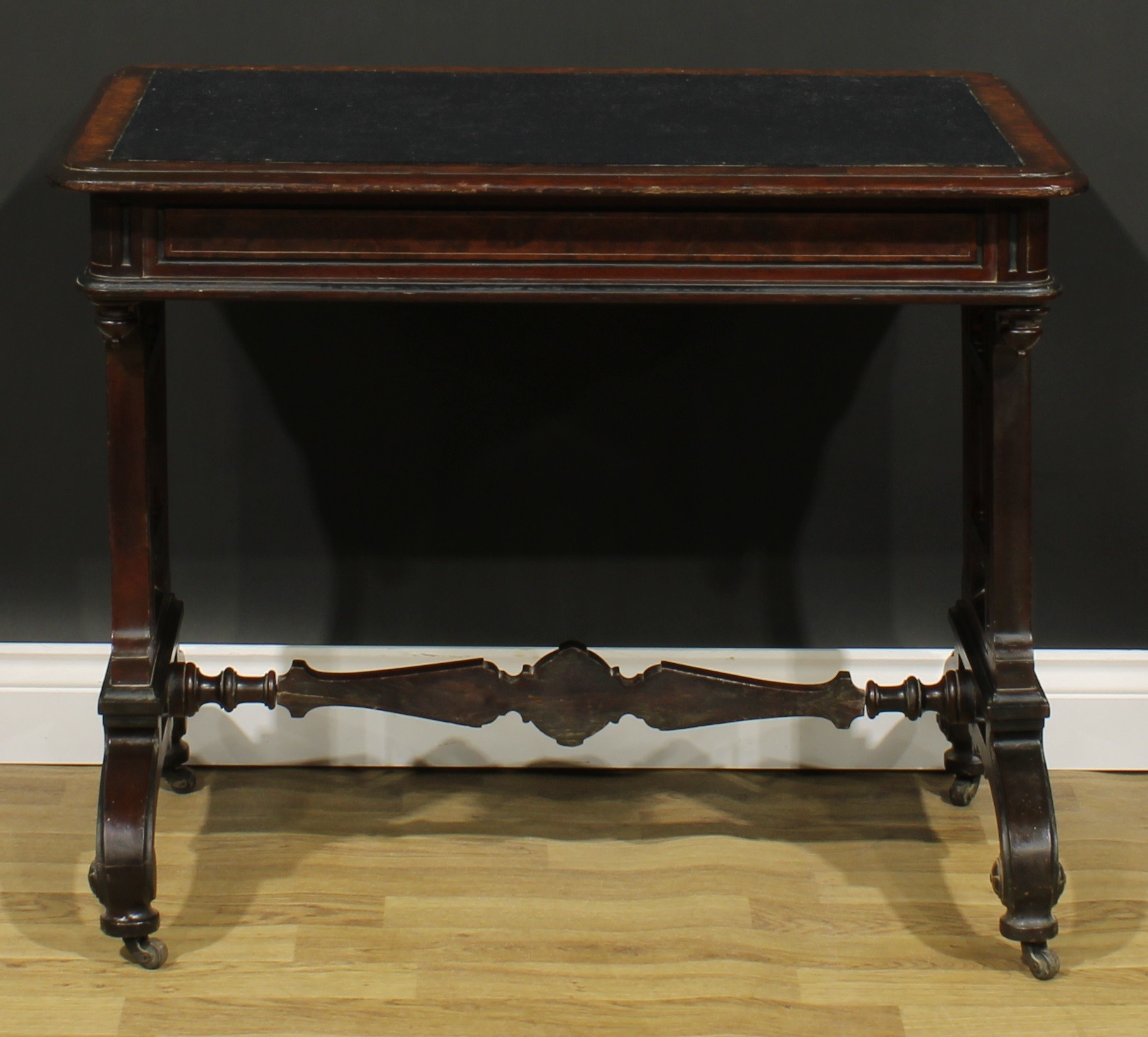 A late Victorian Aesthetic Movement walnut and mahogany writing table, rounded rectangular top above - Image 6 of 6