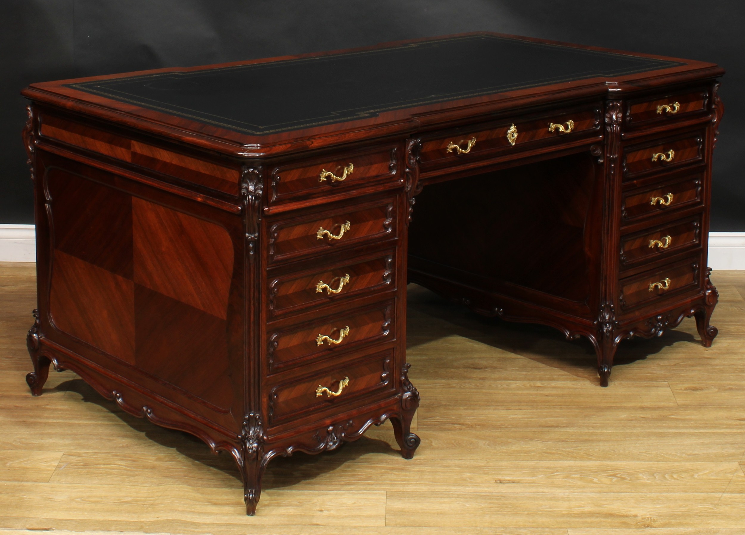 A late 19th century French rosewood and kingwood twin pedestal desk, inverted break-centre top - Image 3 of 7