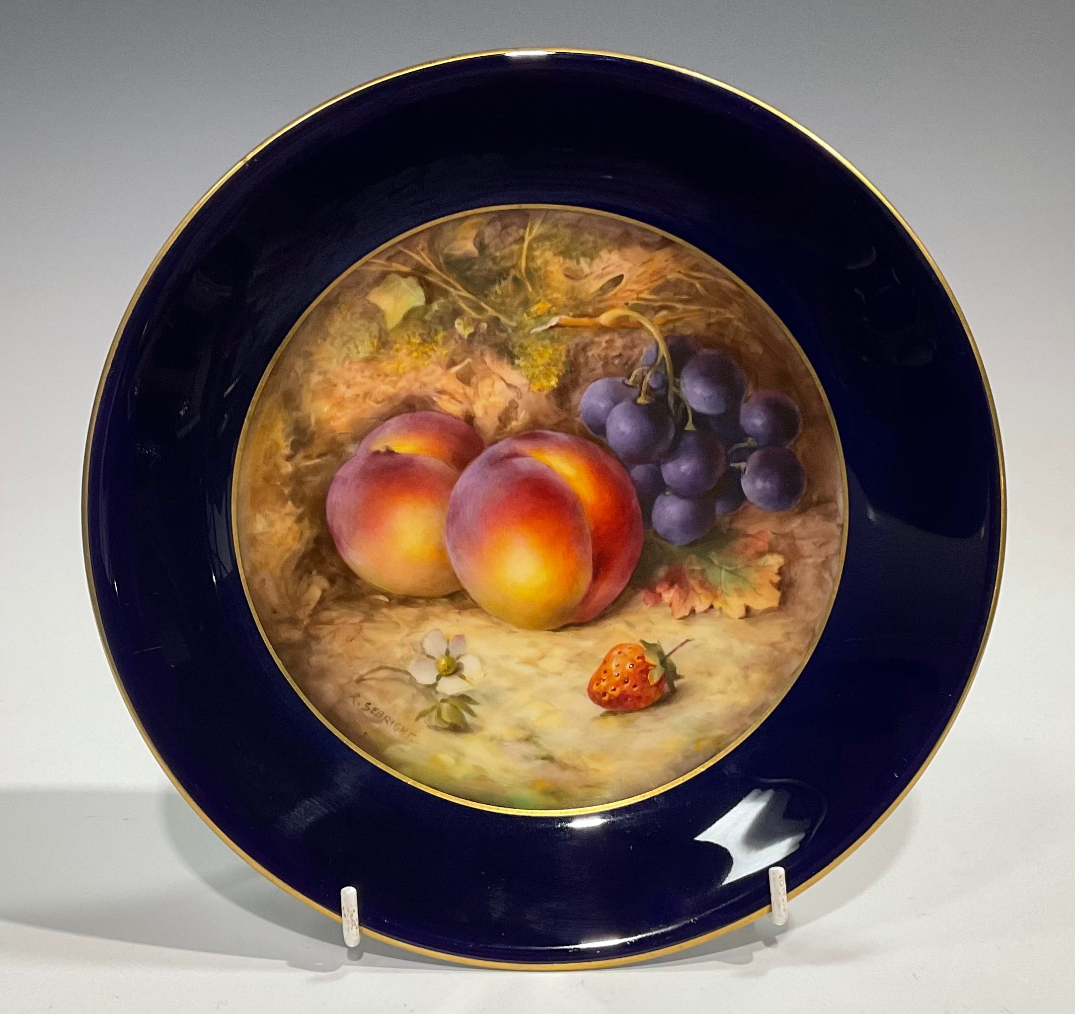 A Royal Worcester circular plate, painted by R. Sebright, signed, the field with peaches, grapes and - Image 2 of 6