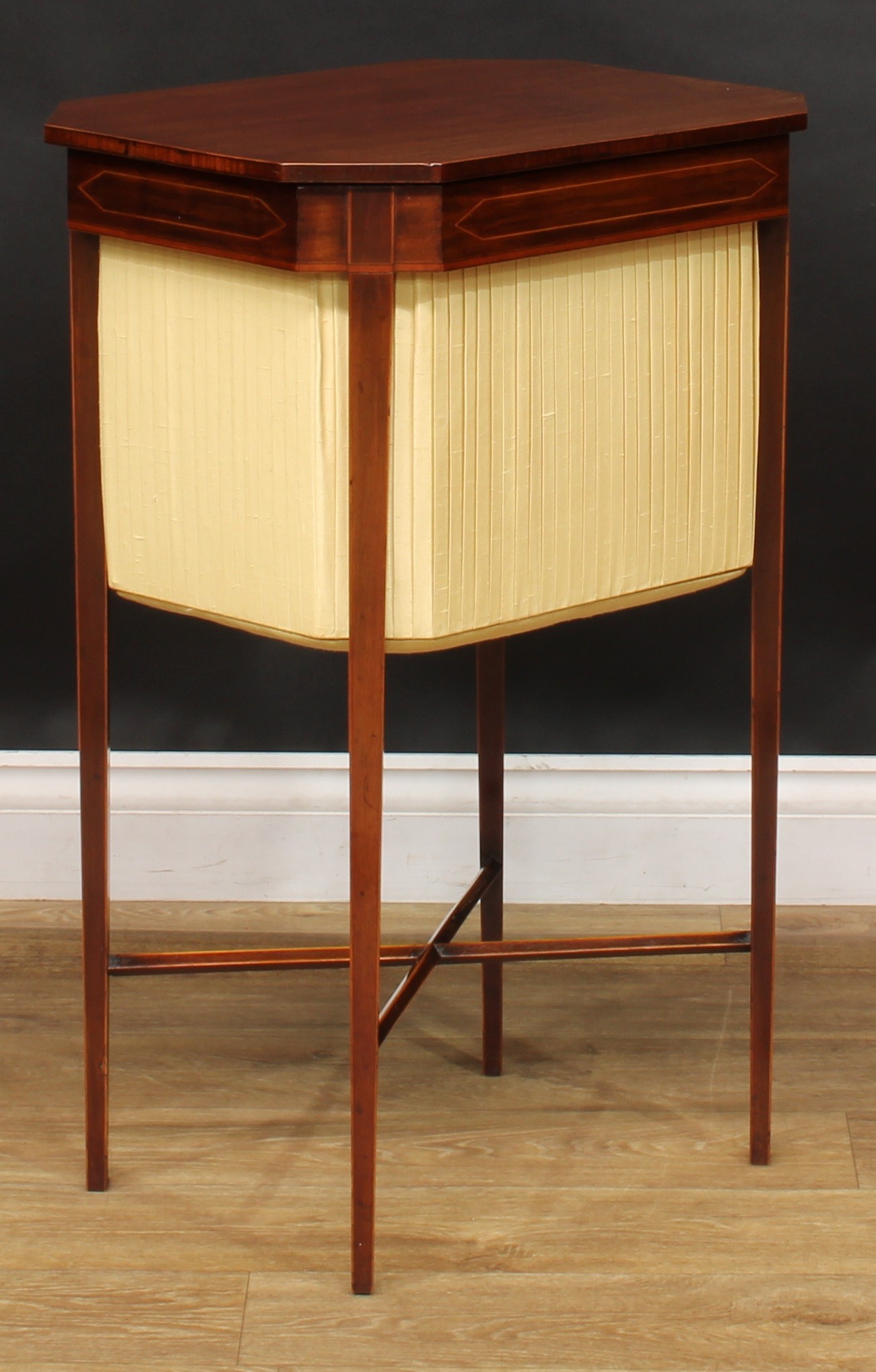 A George III mahogany work table, hinged canted rectangular top, pleated undertier, tapered legs, - Image 3 of 6