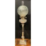 An Edwardian silver plated Corinthian column table oil lamp, etched glass shade, hobnail