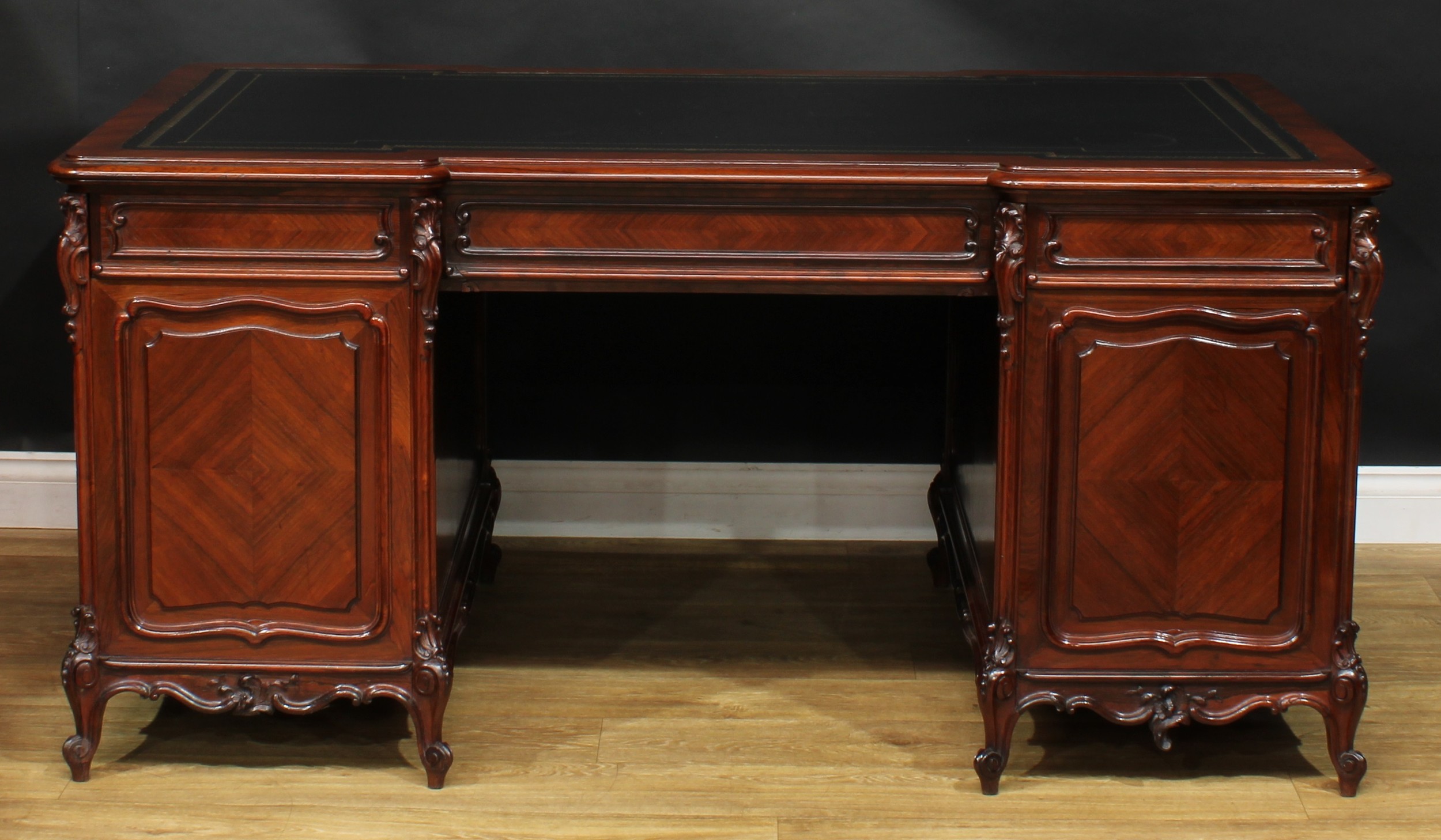 A late 19th century French rosewood and kingwood twin pedestal desk, inverted break-centre top - Image 7 of 7