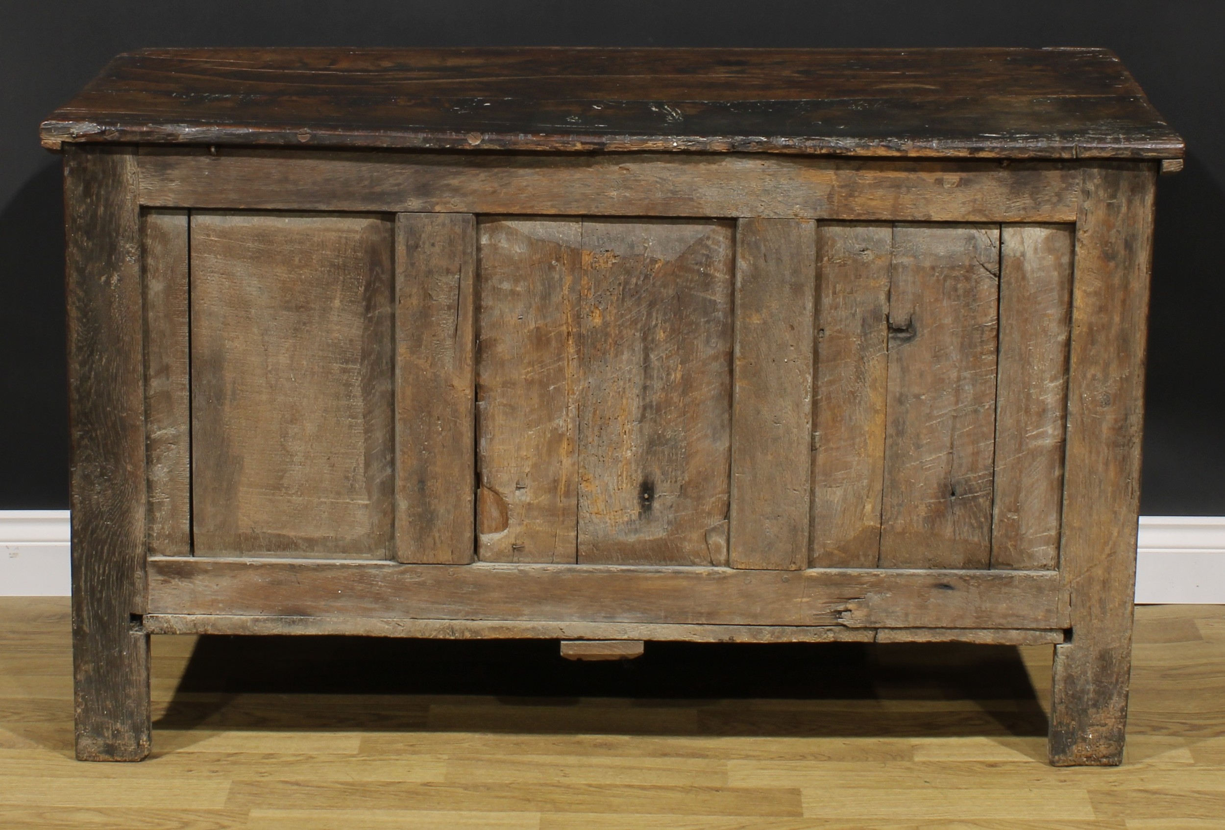 A late 17th century oak blanket chest, hinged top above a nulled panel front, the stiles carved with - Image 5 of 5