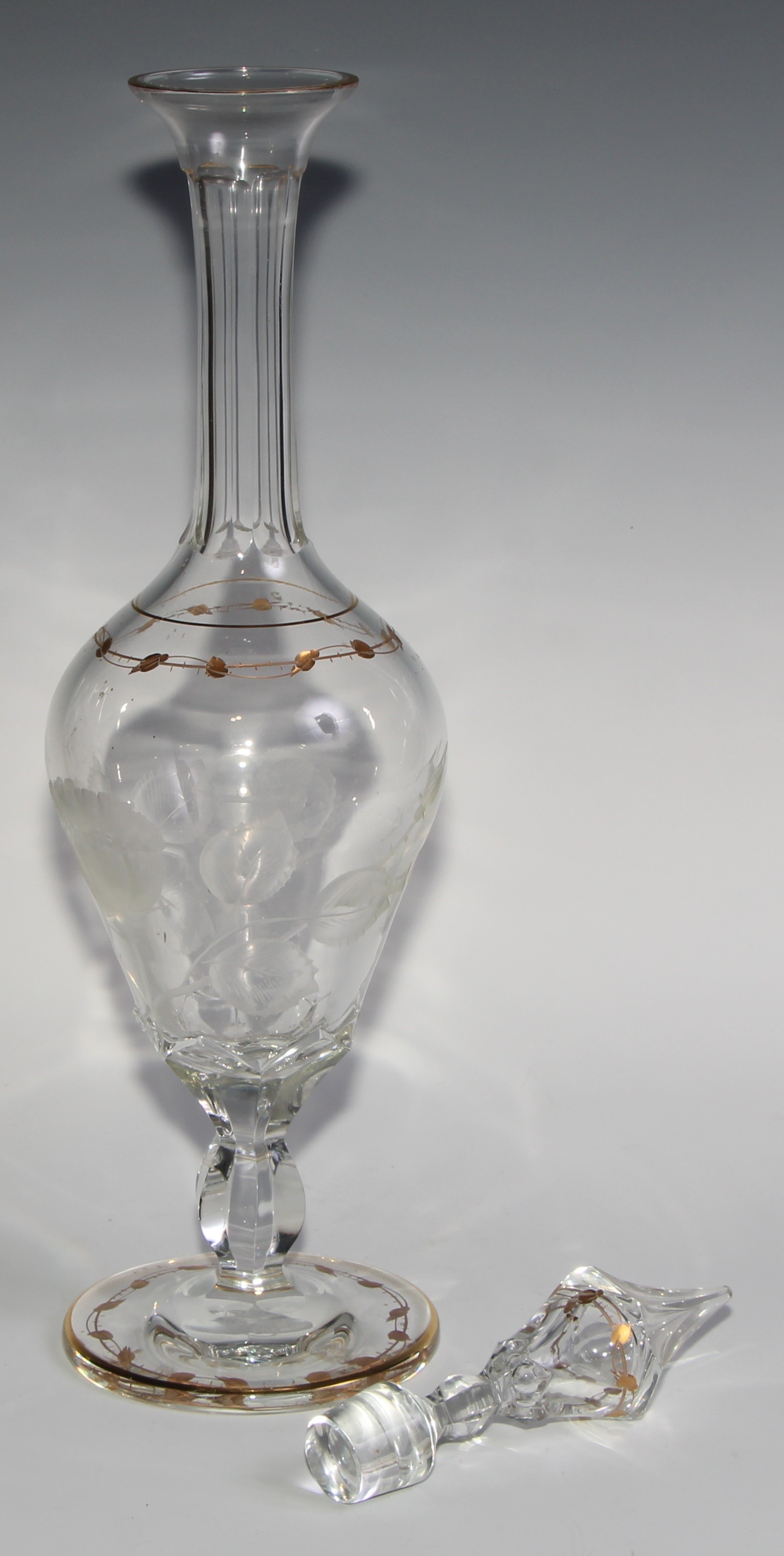 A large late 19th century ovoid pedestal decanter, etched with poppies and gilt with bands of - Image 3 of 3