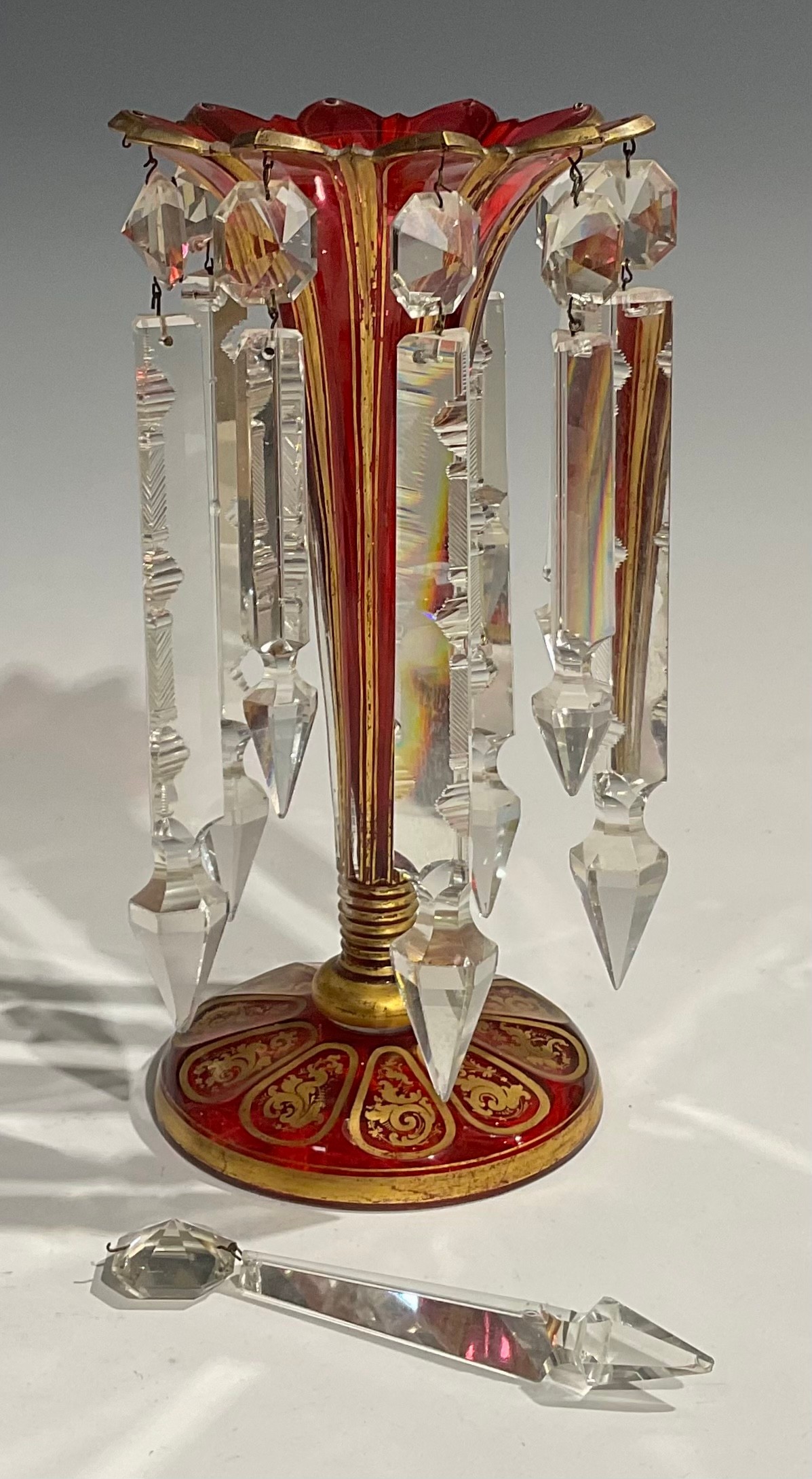 A pair of 19th century Bohemian ruby flashed and gilt table lustres, of trumpet form with shaped cut - Image 4 of 4