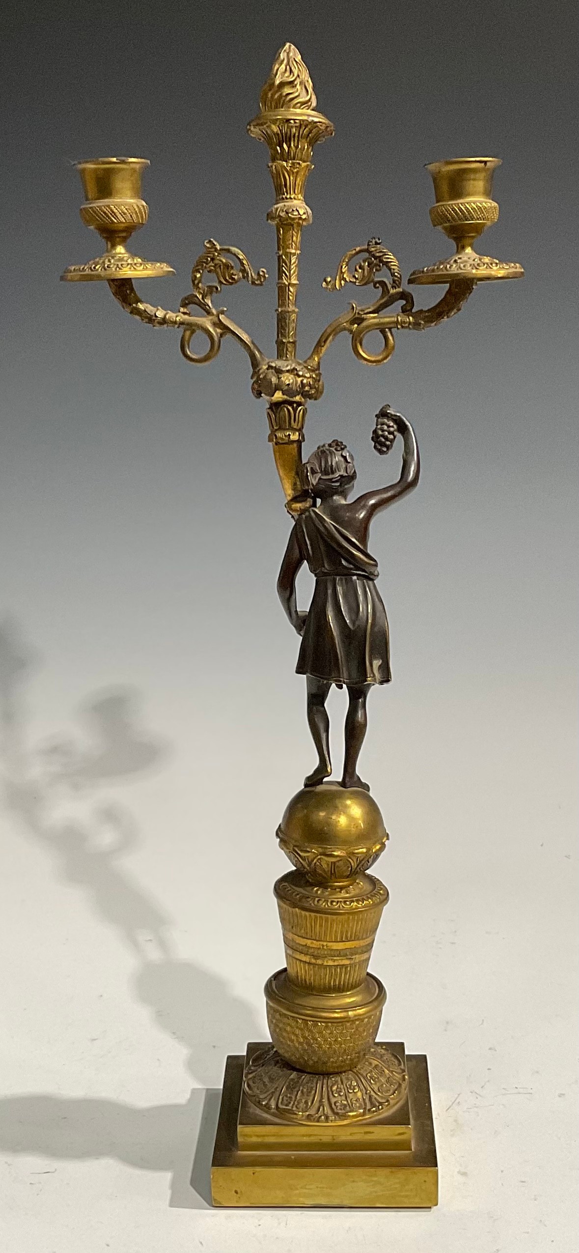 A pair of 19th century French bronze and ormolu figural two-light mantel candelabrum, each Bacchic - Image 8 of 8