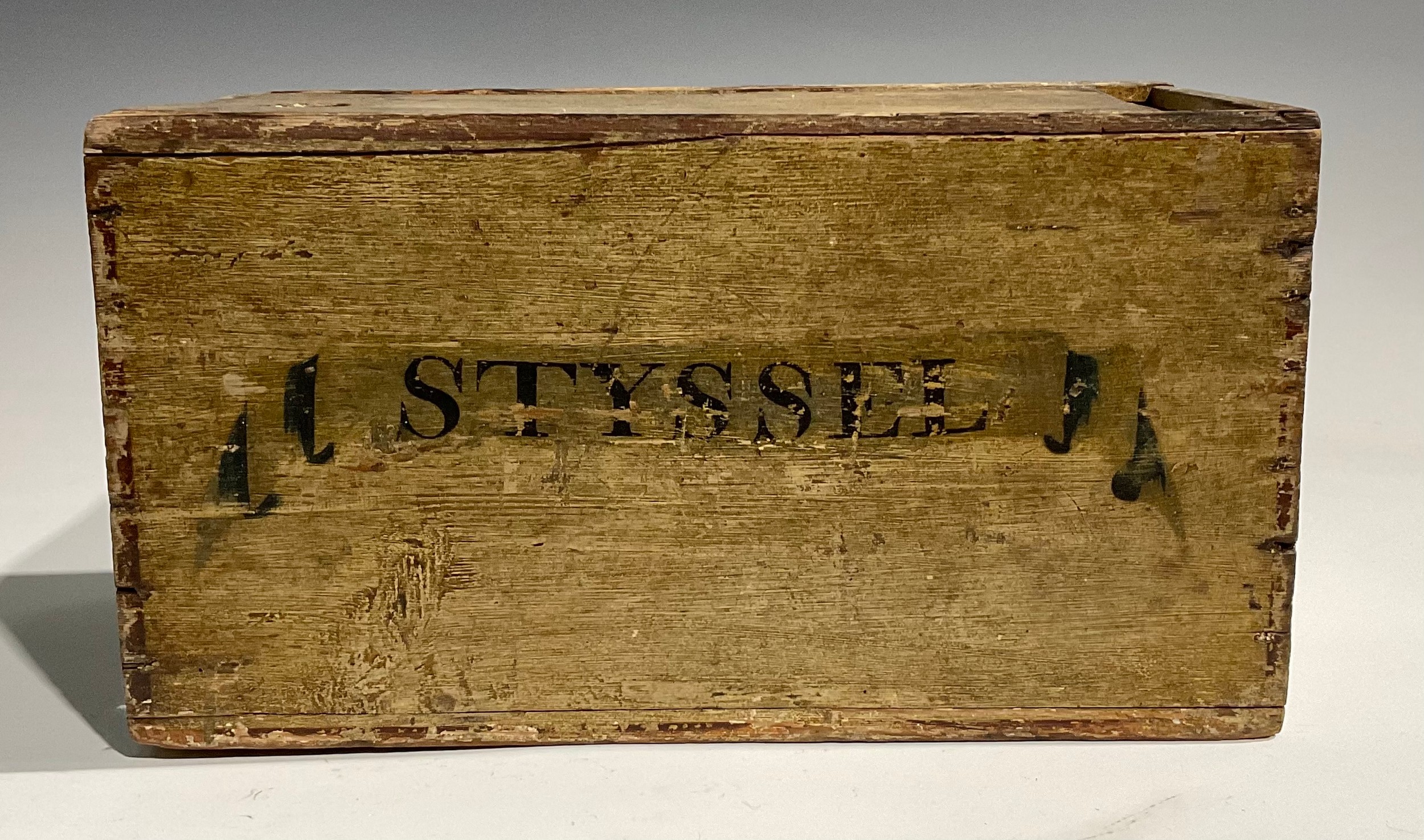 A late 19th/early 20th century Swedish pine candle box, sliding cover, the side inscribed STYSSEL, - Image 3 of 6