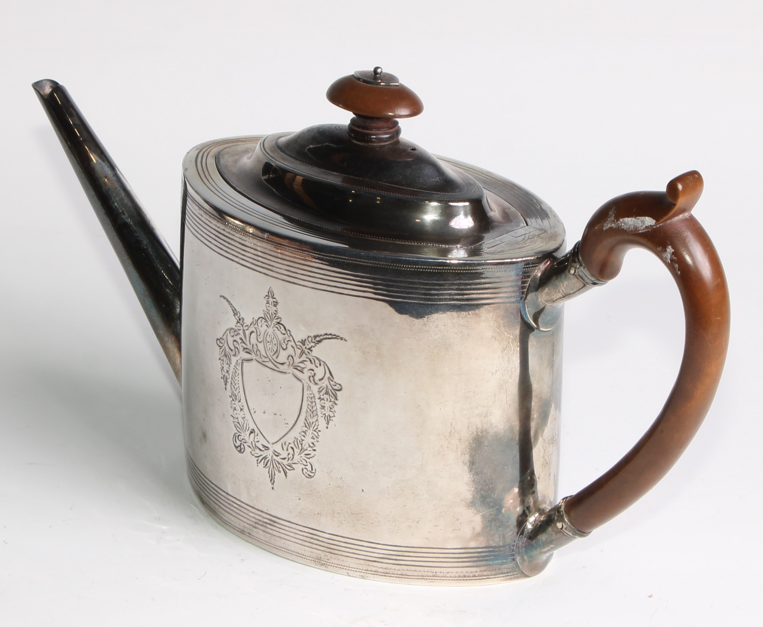 A George III silver oval drum shaped teapot, bright-cut and wrigglework engraved with bands and - Image 7 of 10