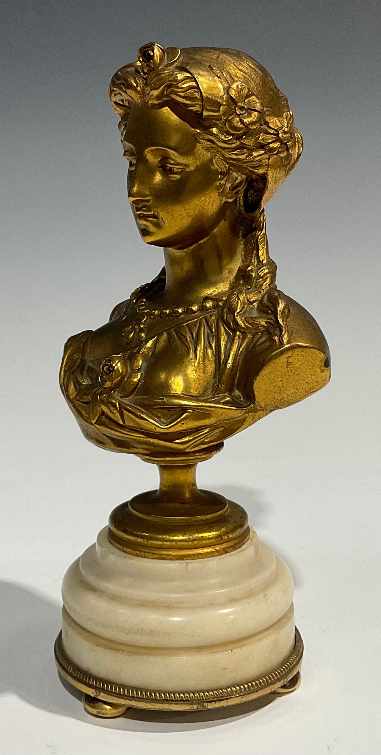 Albert-Ernest Carrier Belleuse (1824 - 1887), after, a gilt bronze bust, of a classical beauty, - Image 5 of 6