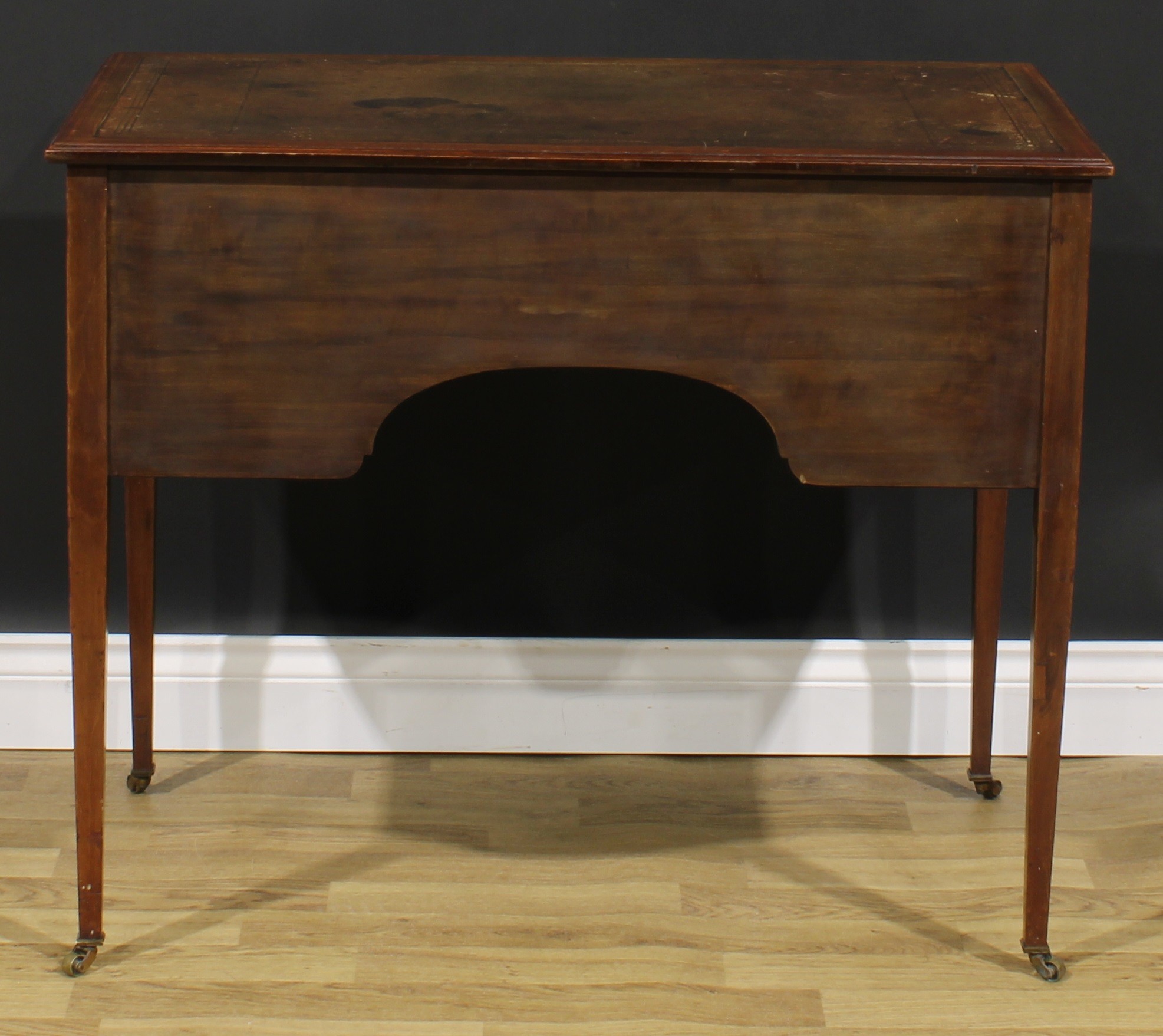 An Edwardian Sheraton Revival satinwood crossbanded mahogany desk, rectangular top with inset tooled - Image 6 of 6