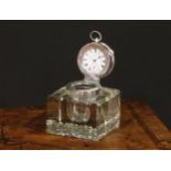 An Edwardian silver mounted novelty combination inkwell and desk timepiece or pocket watch holder,