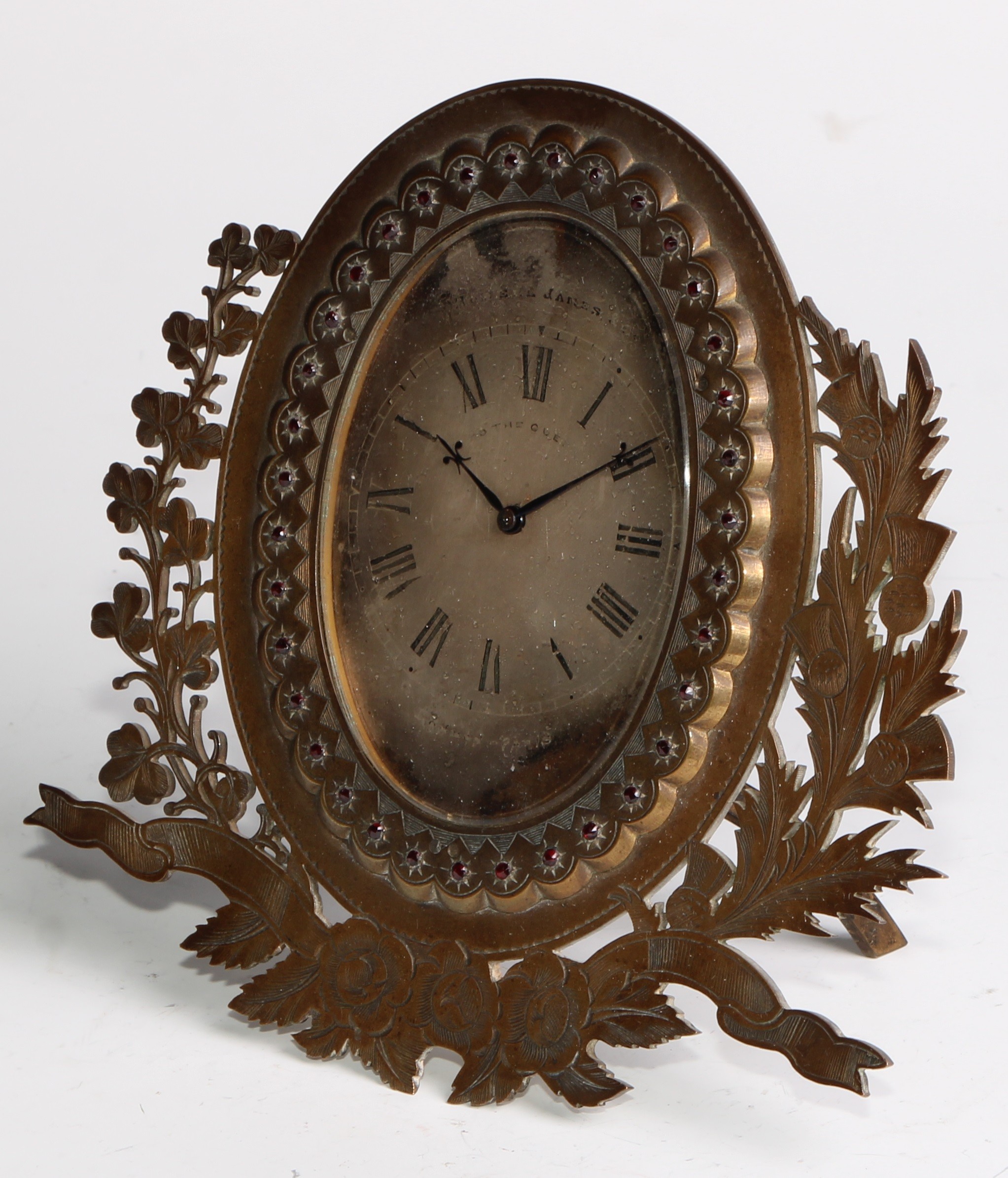 A Victorian gilt brass strut easel timepiece, by Howell James & Co, oval silvered clock dial - Image 3 of 5