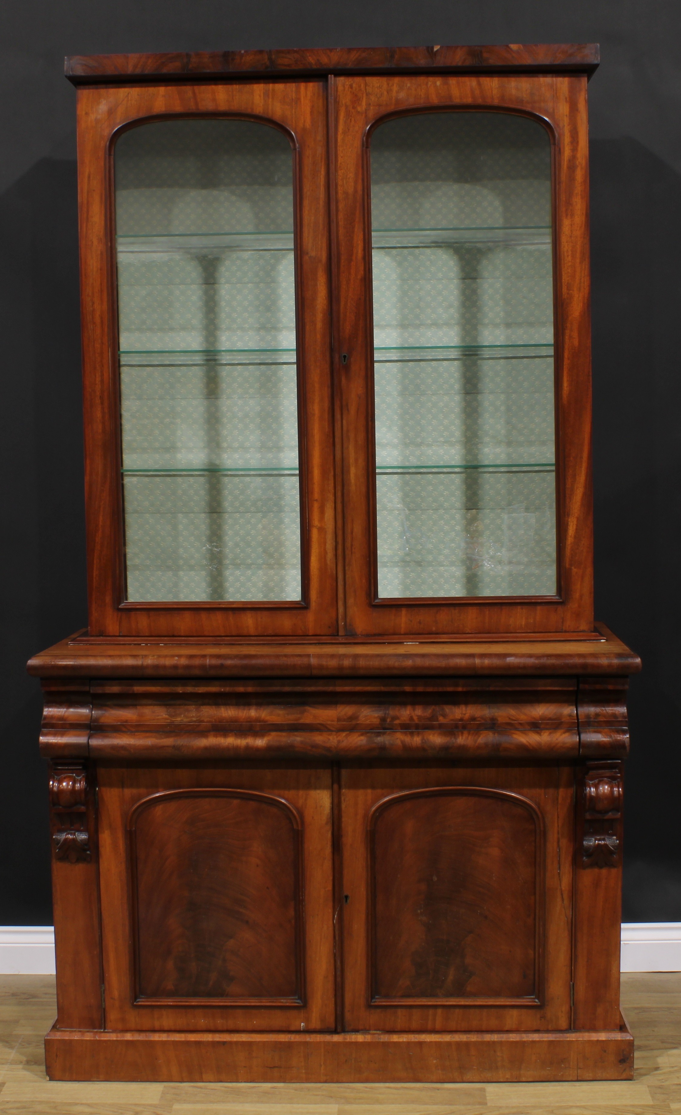 A Victorian mahogany library bookcase, rectangular cornice above a pair of arched glazed doors, - Image 2 of 3