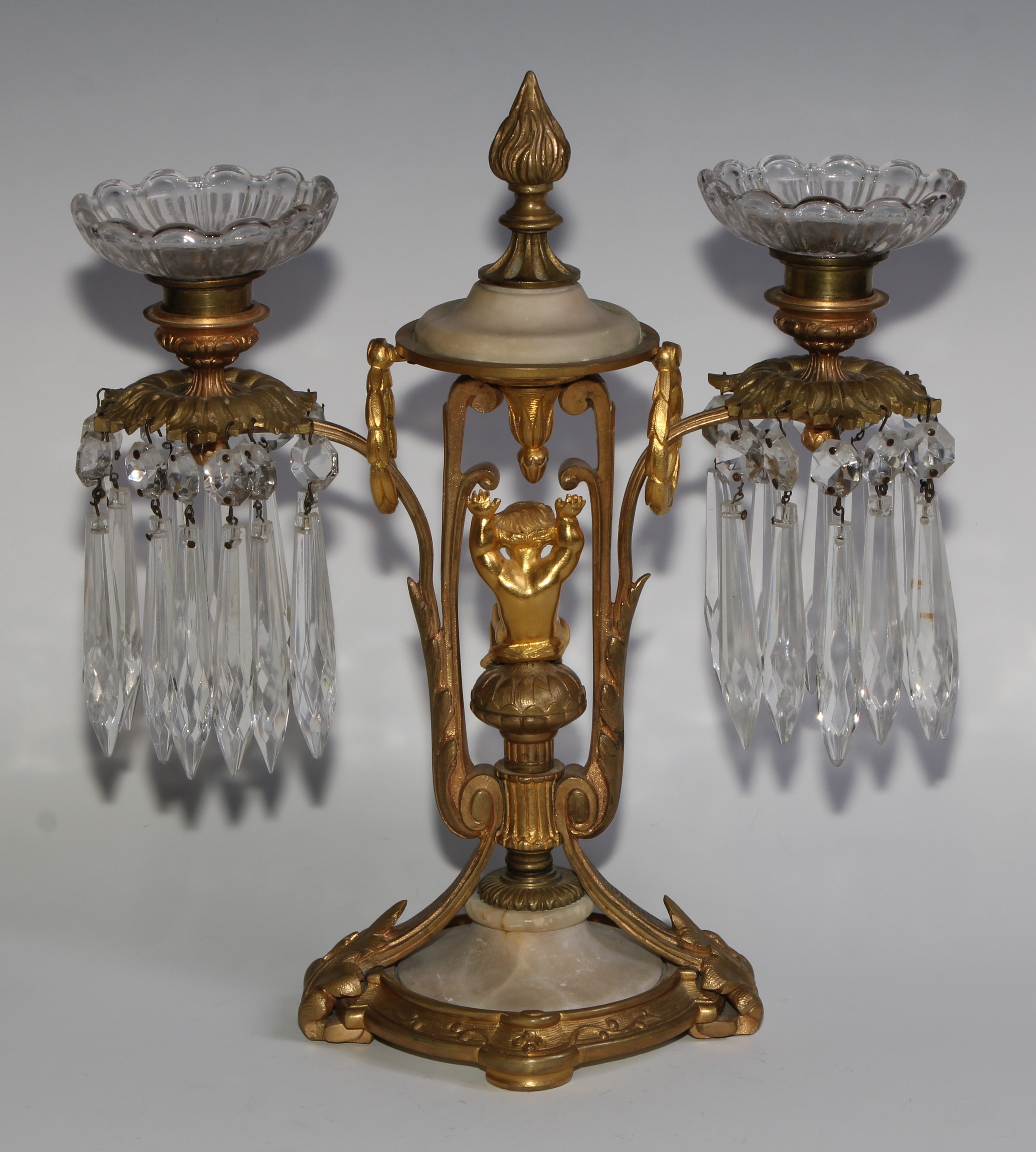 A pair of 19th century French gilt metal and alabaster two-light mantel candle lustres, each centred - Image 6 of 10