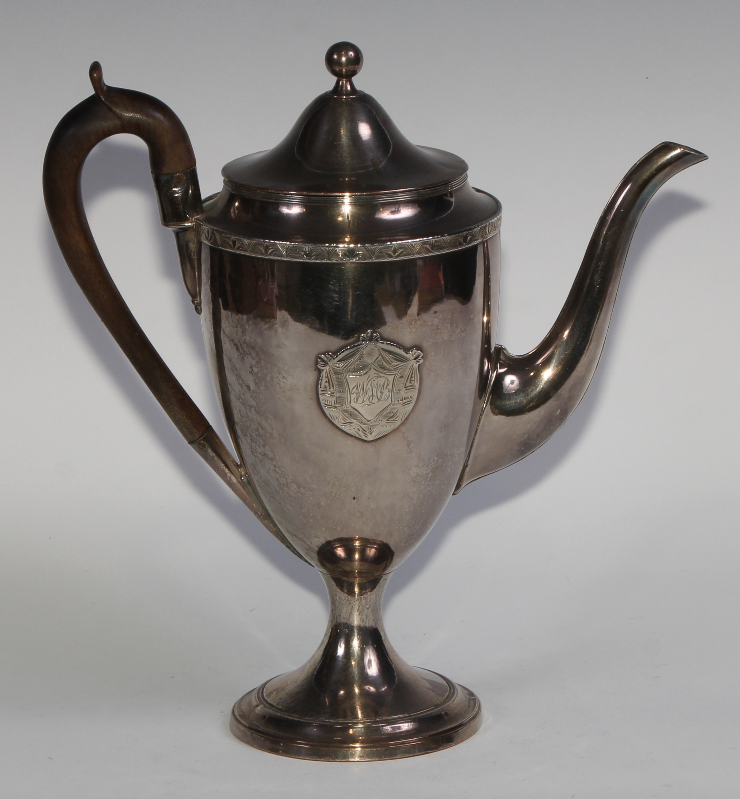 A George III Old Sheffield Plate urnular pedestal coffee pot, domed cover with ball finial, - Image 2 of 5