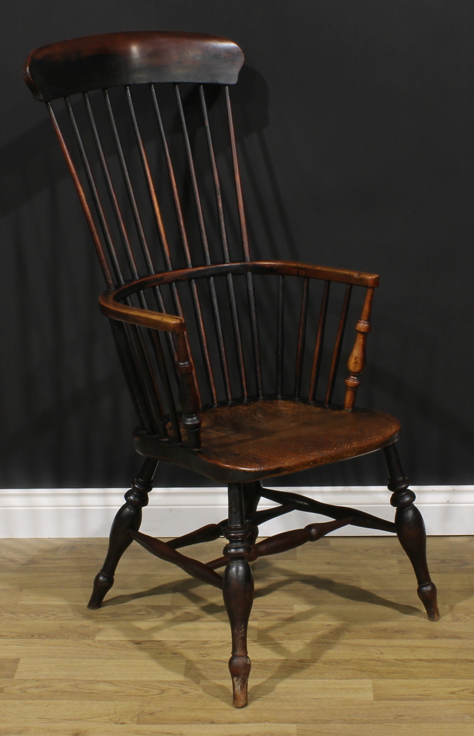 A 19th century fruitwood, elm, ash and beech Windsor elbow chair, tall tapered stick back, turned - Image 2 of 4