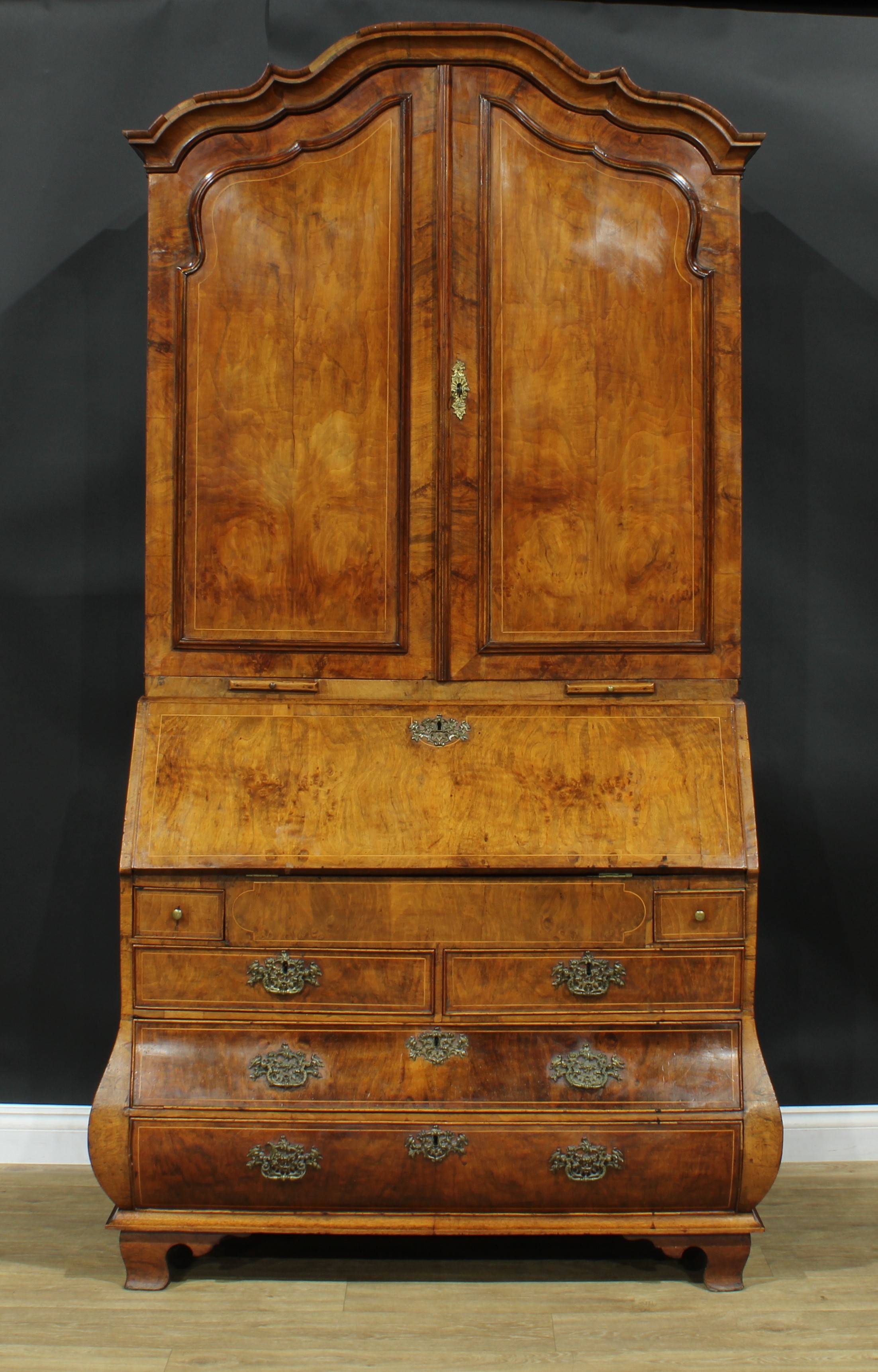 An 18th century Dutch walnut bureau book cabinet, the pair of panel doors above two candle slides - Image 3 of 9