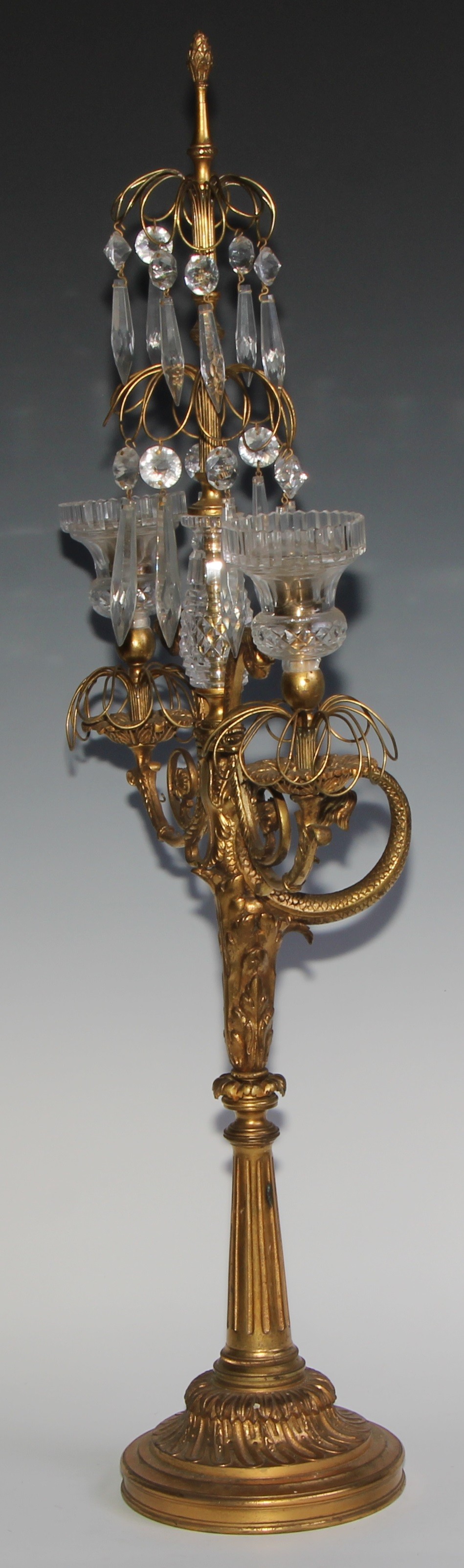 A 19th century French gilt bronze and hobnail-cut glass two-branch lustre candelabra, cast with a - Image 4 of 5