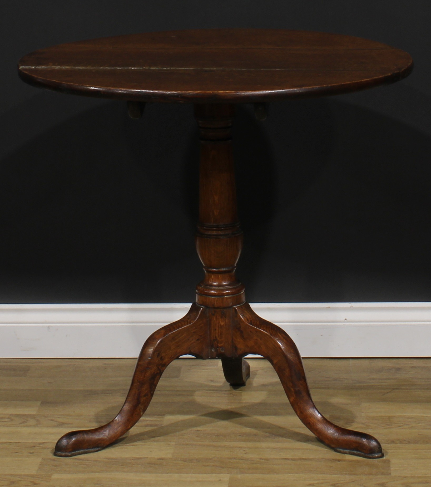 A George III oak tripod occasional table, circular tilting top, cannon barrel column, cabriole legs, - Image 2 of 4