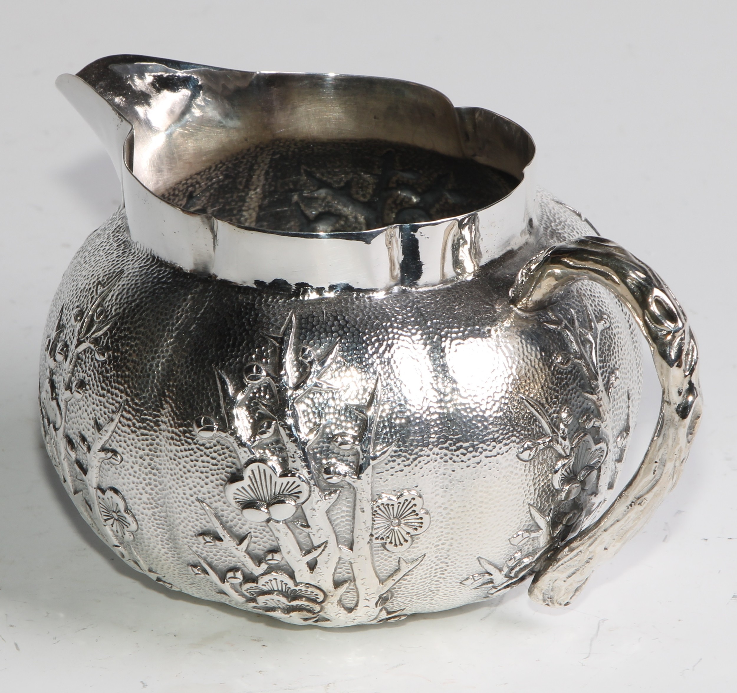A Chinese silver three piece melon shaped tea service, comprising teapot, milk jug and sucrier, - Image 10 of 14