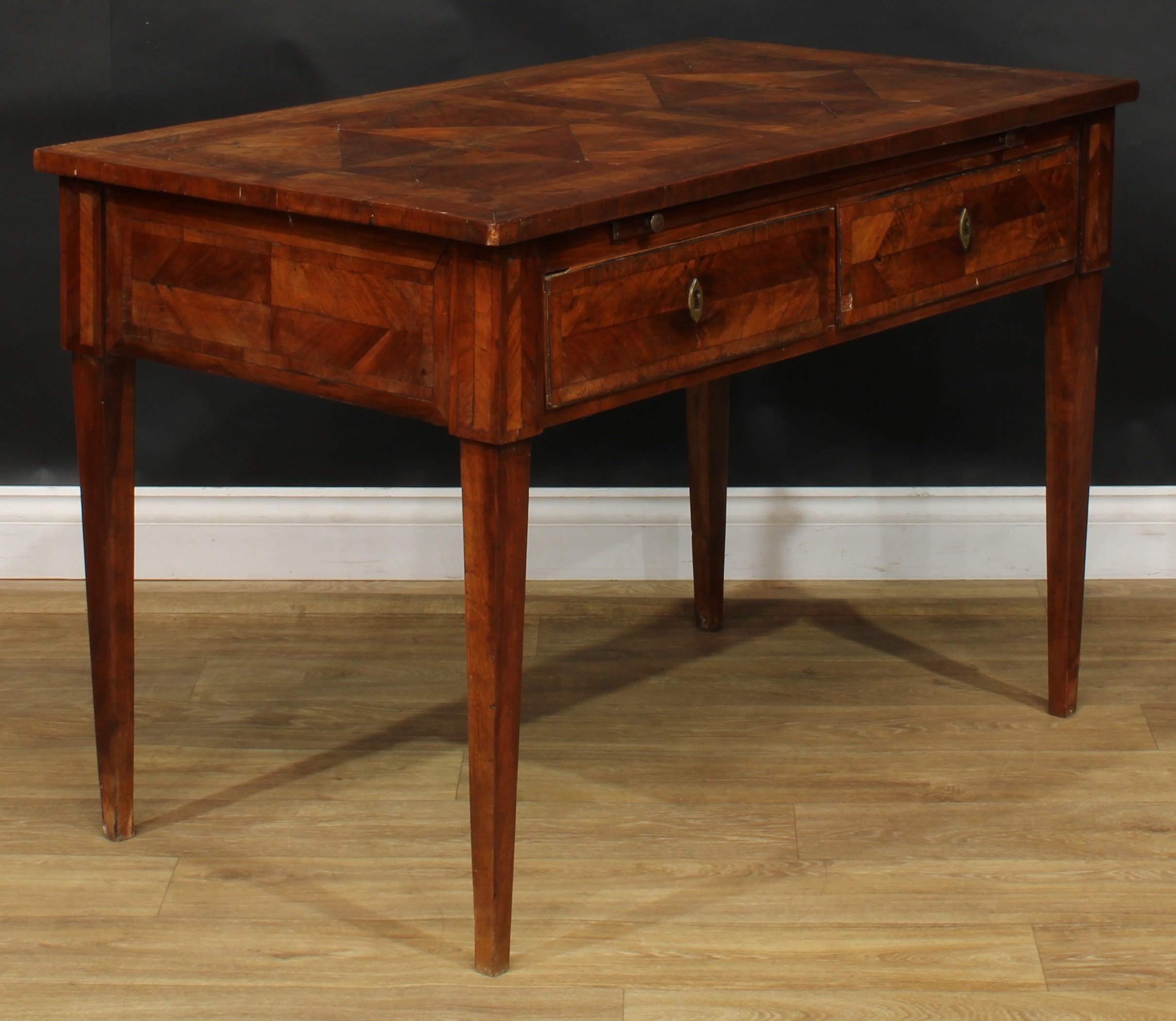 An 18th century French Provincial side table, rectangular top with geometric parquetry veneers, - Image 3 of 7
