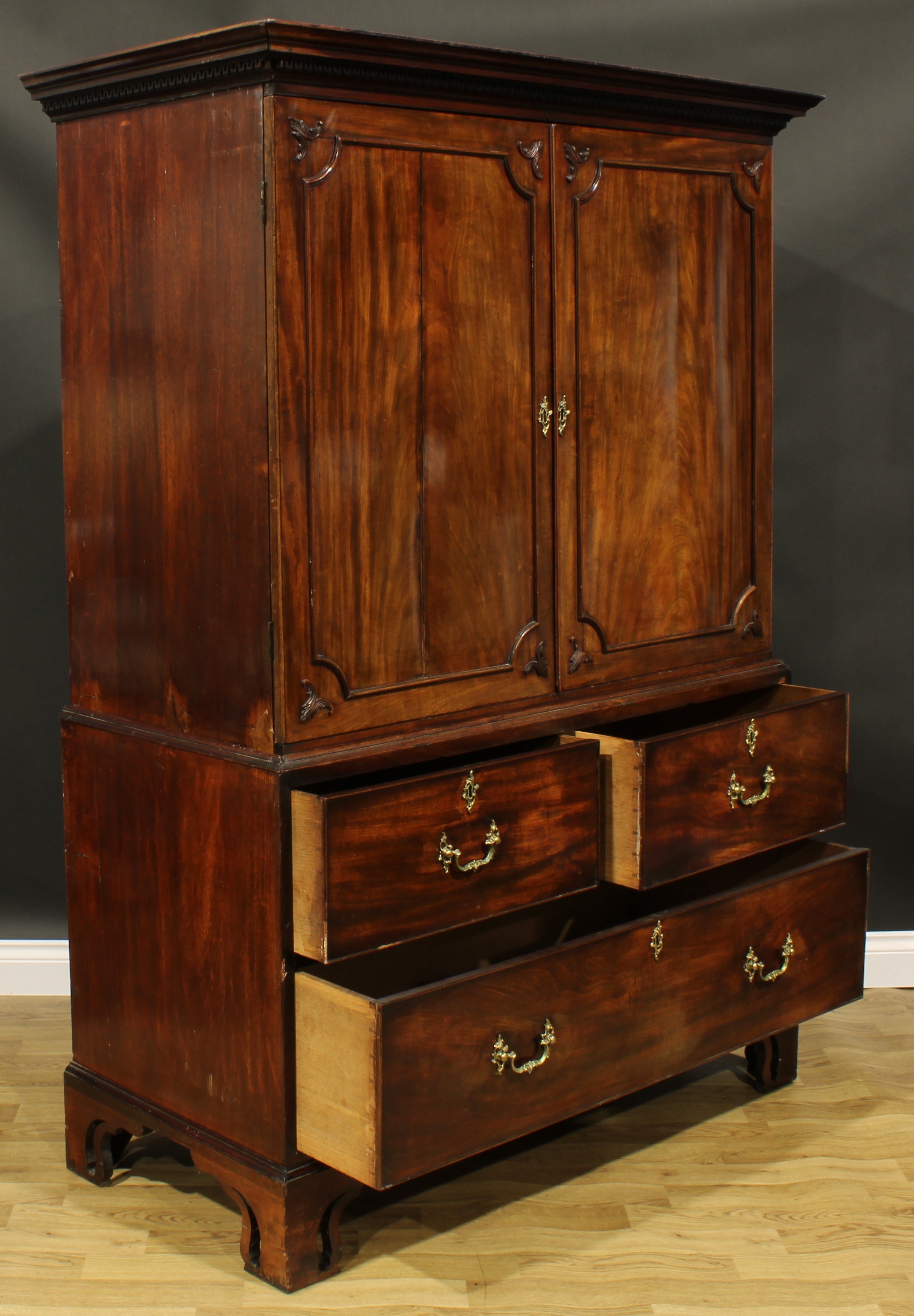 A 19th century mahogany linen press, outswept cornice with meandrous capital above a pair of panel - Image 4 of 6