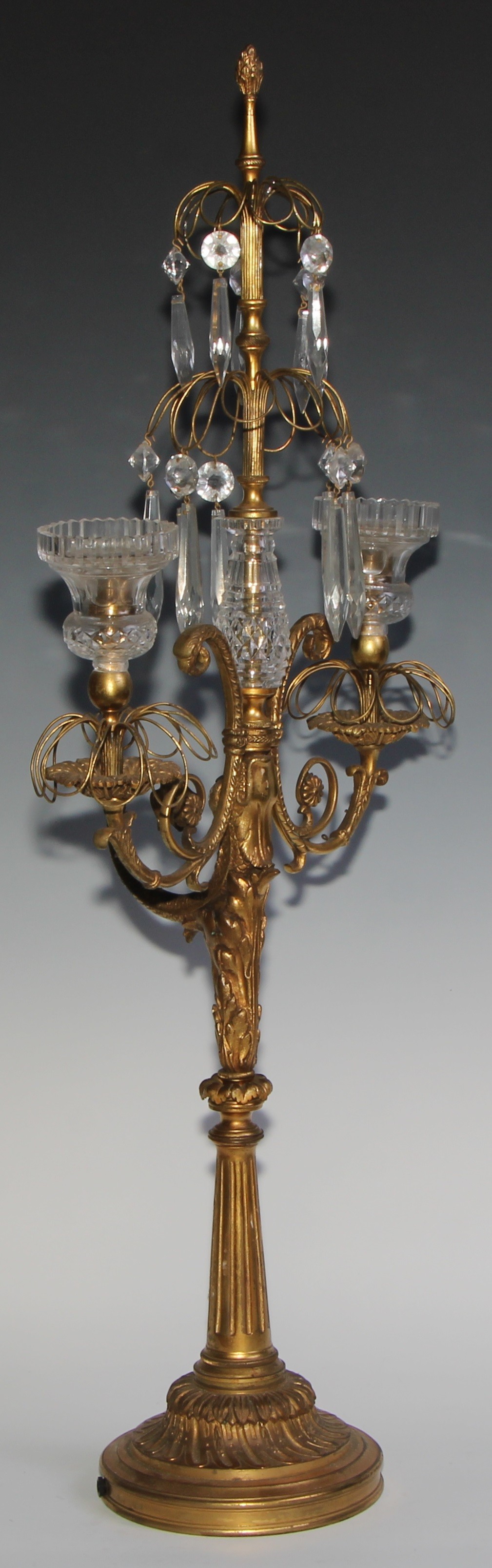 A 19th century French gilt bronze and hobnail-cut glass two-branch lustre candelabra, cast with a - Image 3 of 5