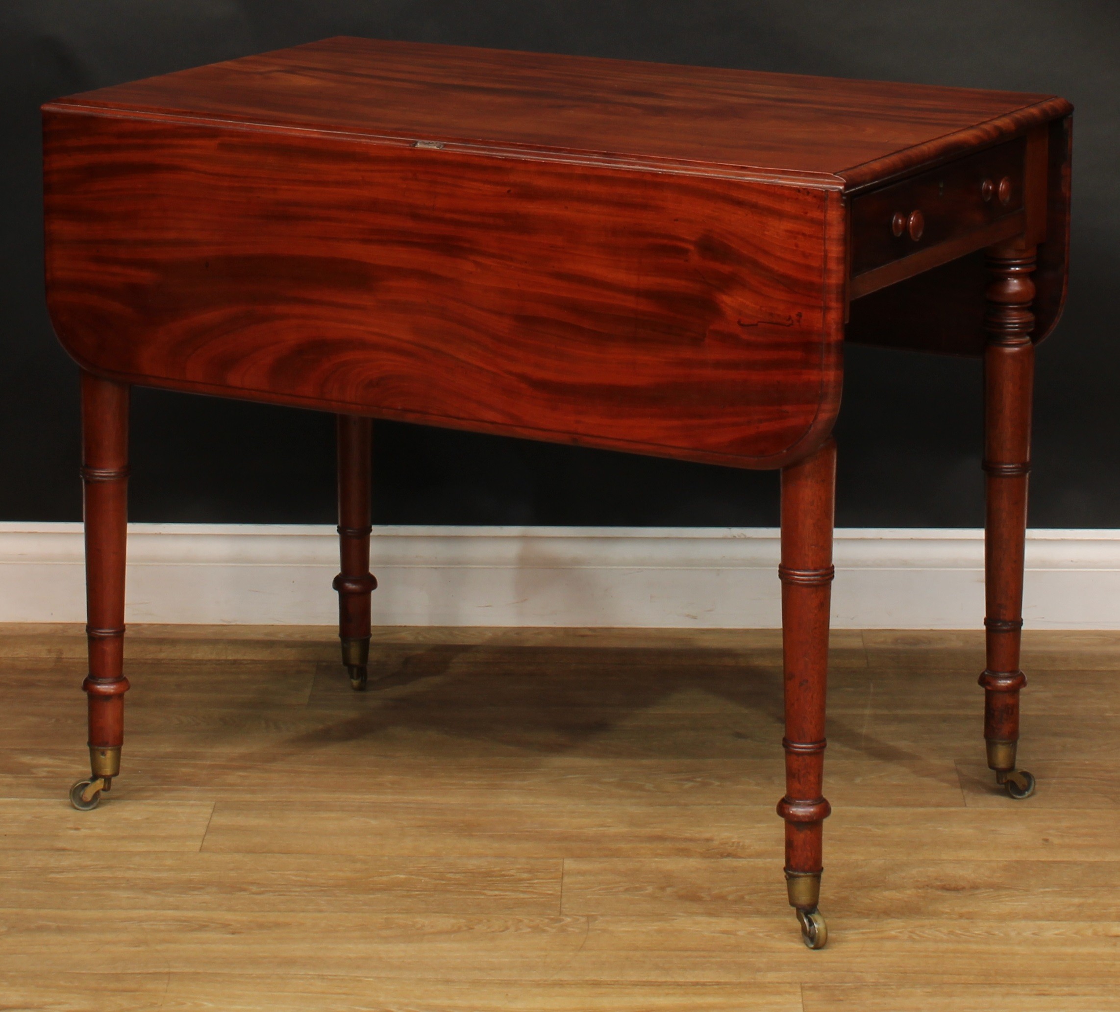 A George IV mahogany Pembroke table, rounded rectangular top with fall leaves above a single - Image 4 of 7