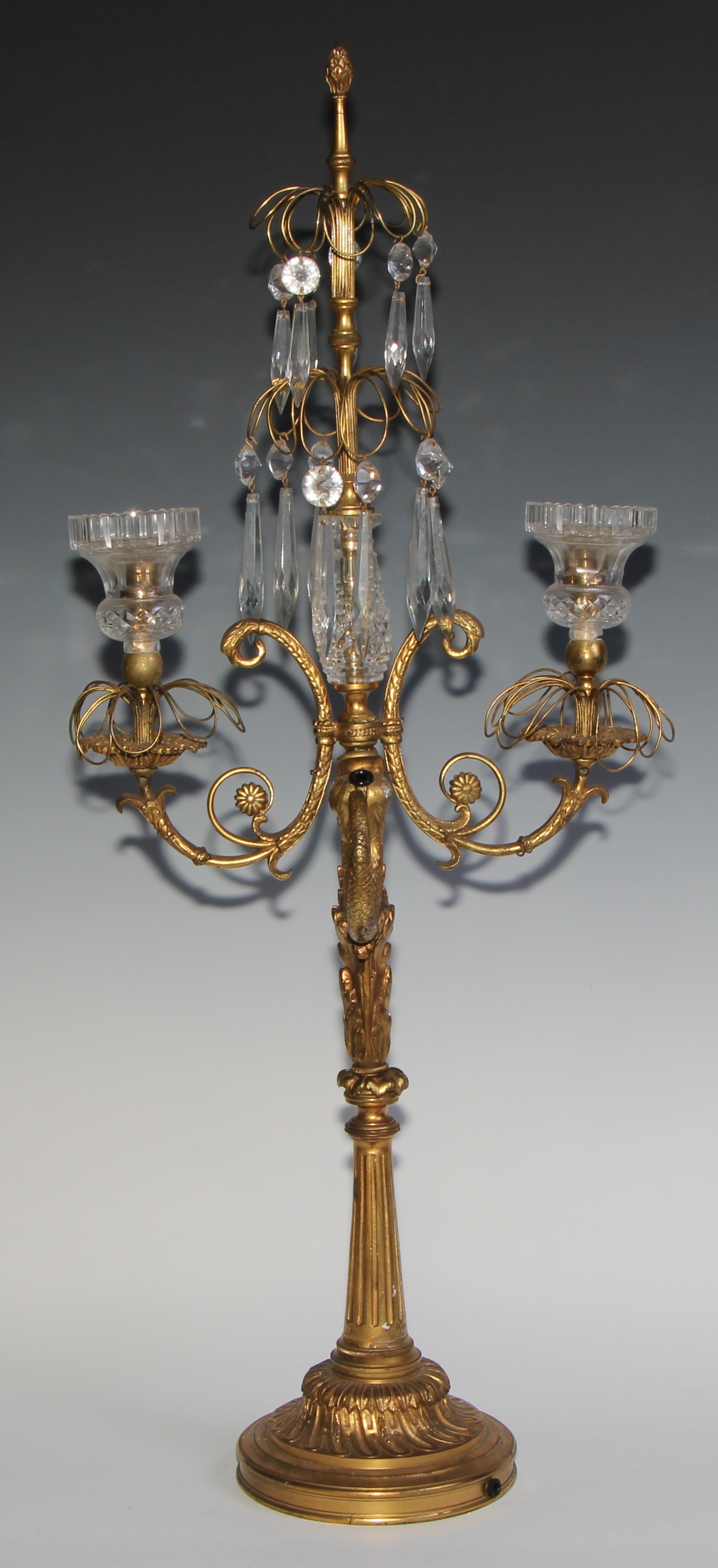 A 19th century French gilt bronze and hobnail-cut glass two-branch lustre candelabra, cast with a - Image 5 of 5