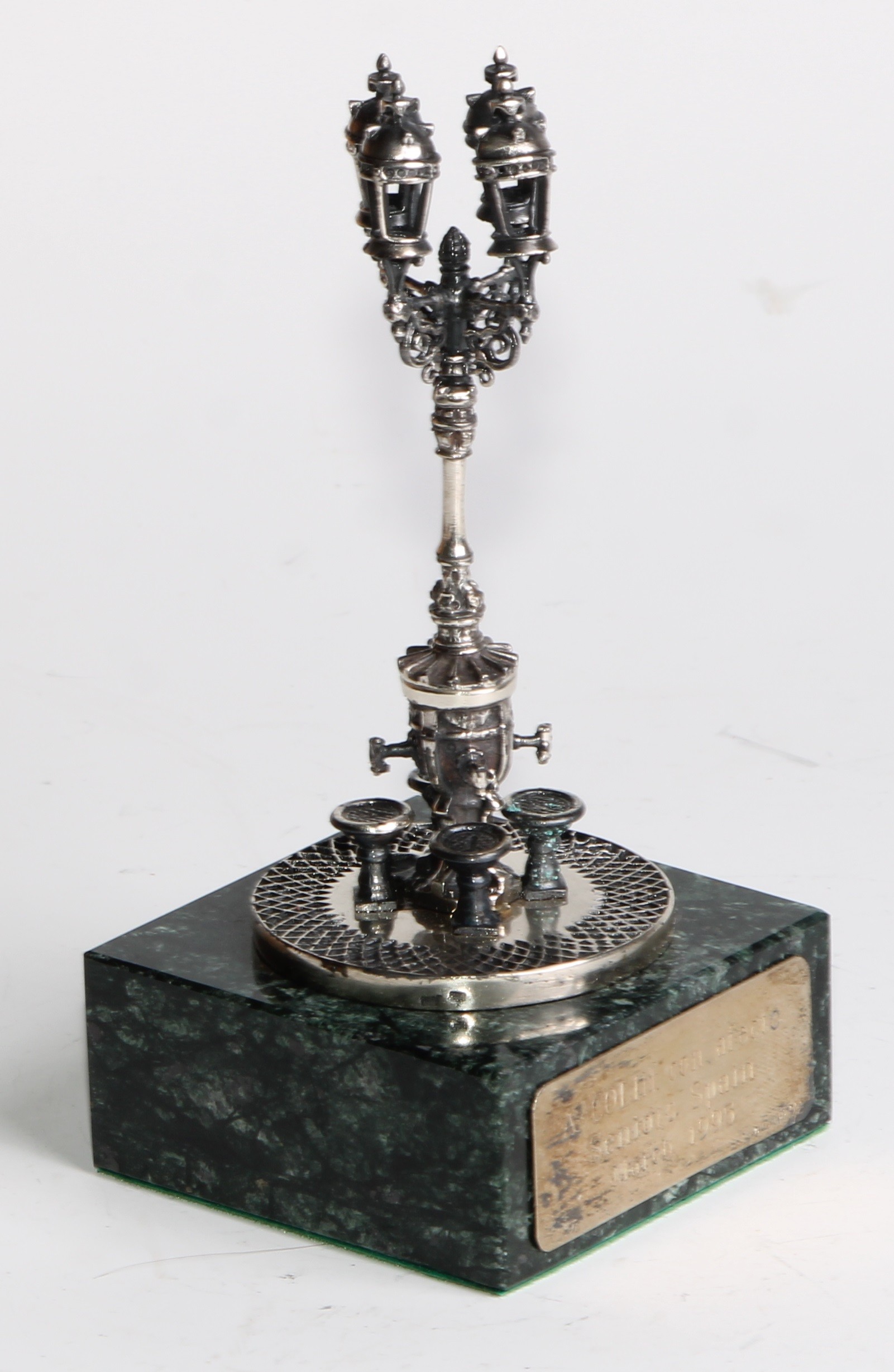 A Spanish silver model of the Font de Canaletes, Barcelona, green marble base, 13cm high, - Image 4 of 6