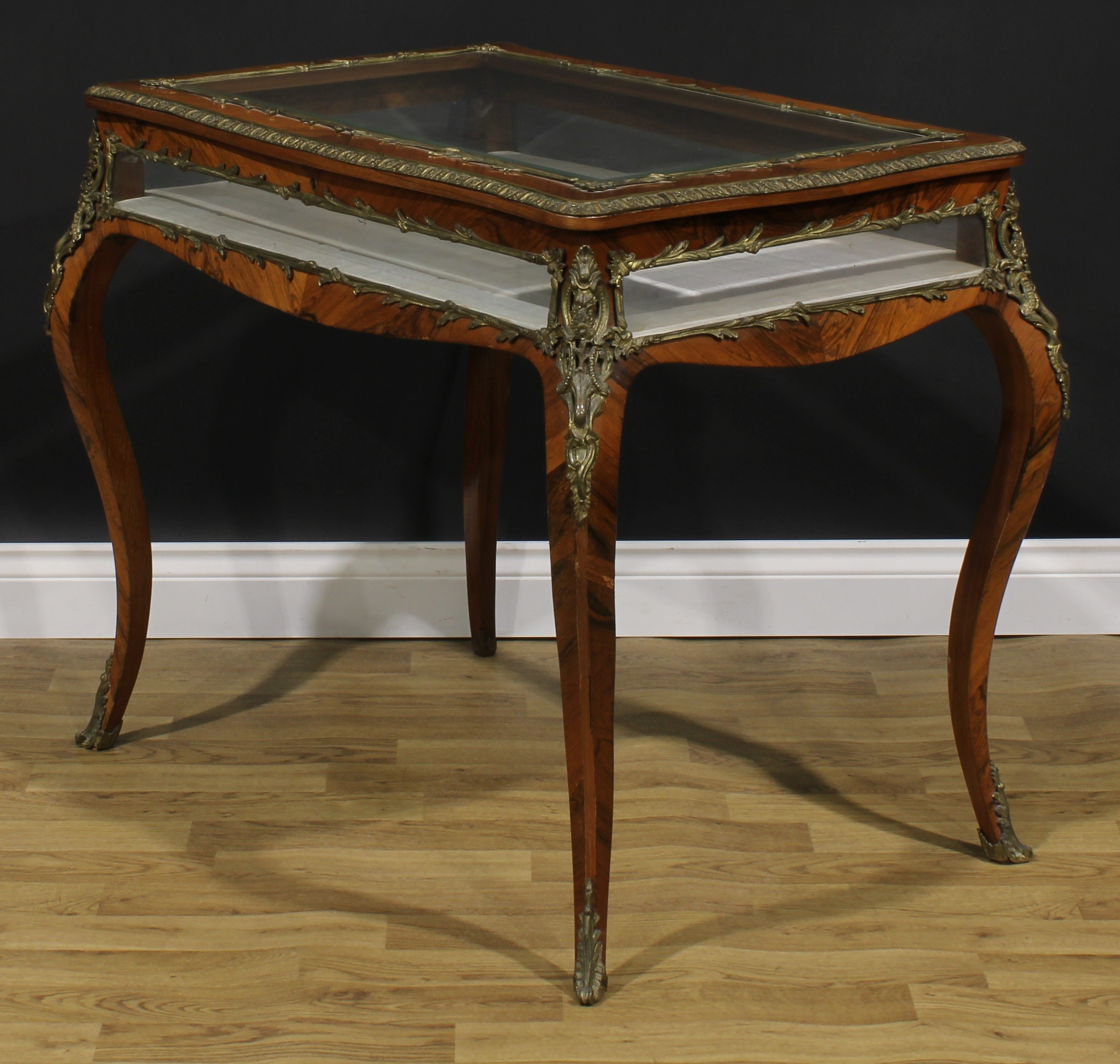 A Louis XV Revival gilt metal mounted rosewood bijouterie table, hinged top, French cabriole legs, - Image 3 of 4