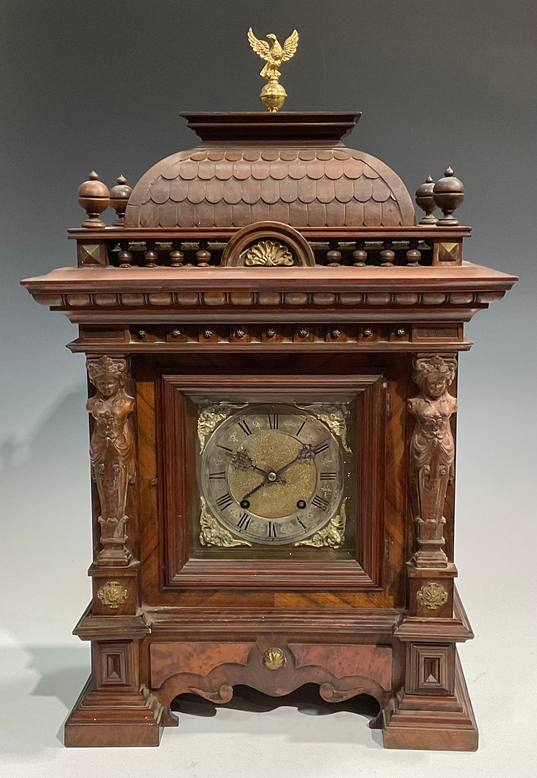 A late 19th/early 20th century German gilt metal mounted walnut bracket clock, 17cm square brass - Image 2 of 5