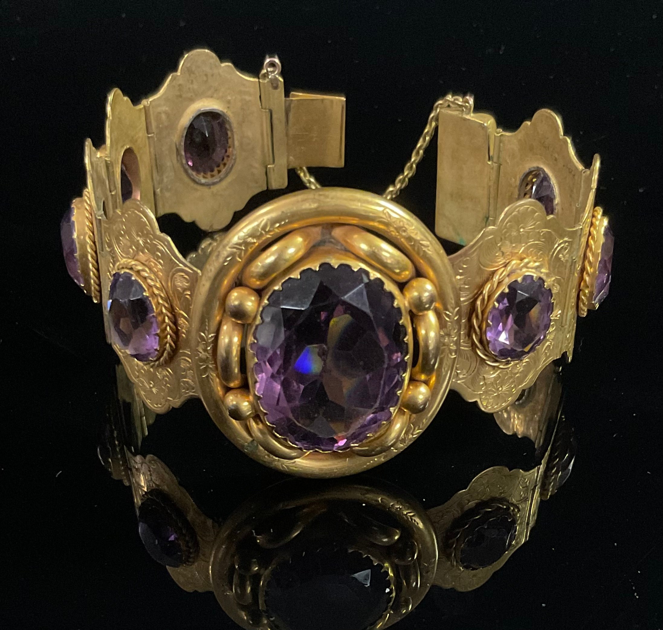 A 19th century pale purple amethyst and gilt metal bracelet, set with one large and seven smaller - Image 3 of 3