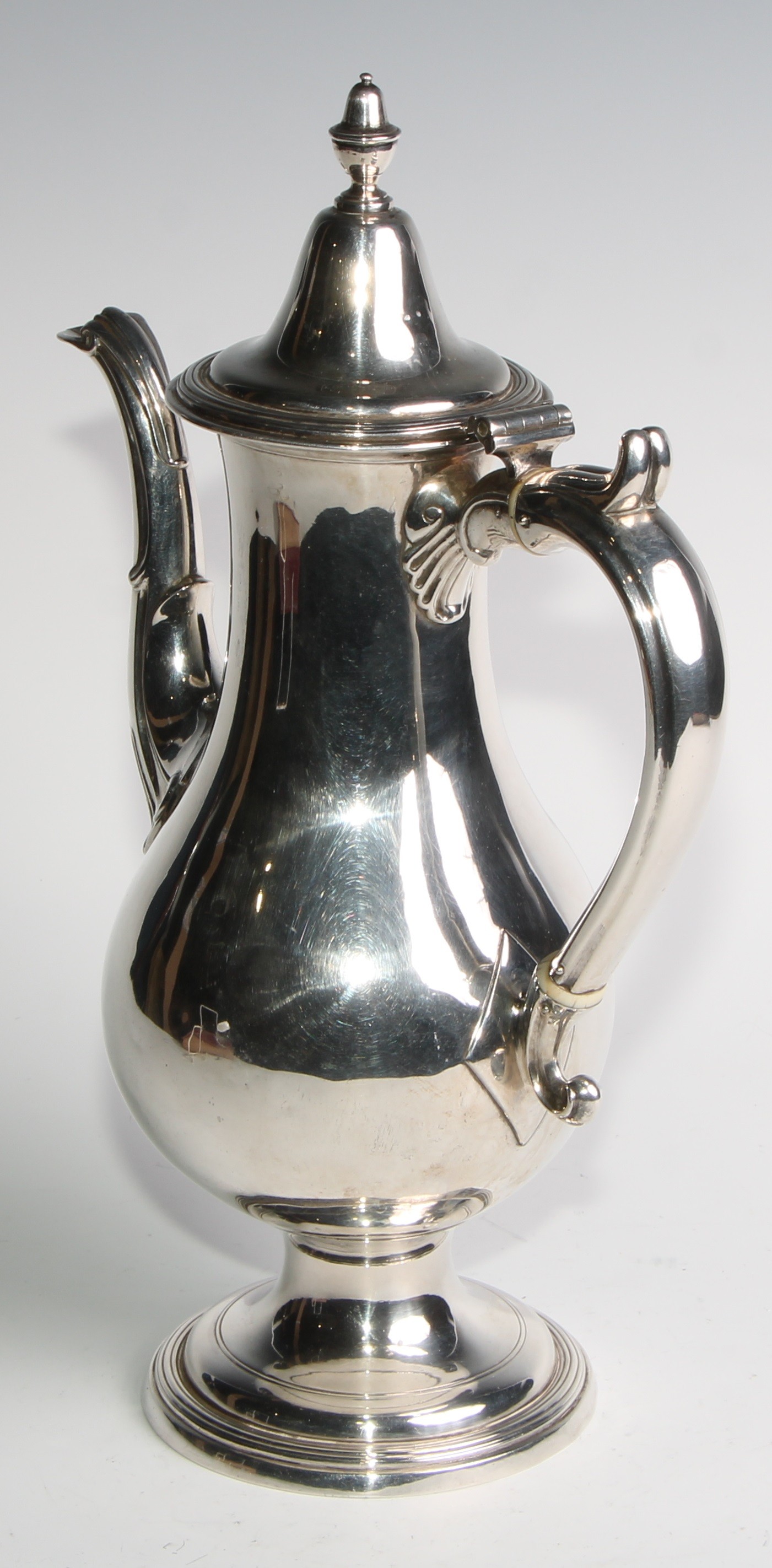 A George III Provincial silver baluster coffee pot, hinged cover with acorn finial, scroll handle, - Image 5 of 6