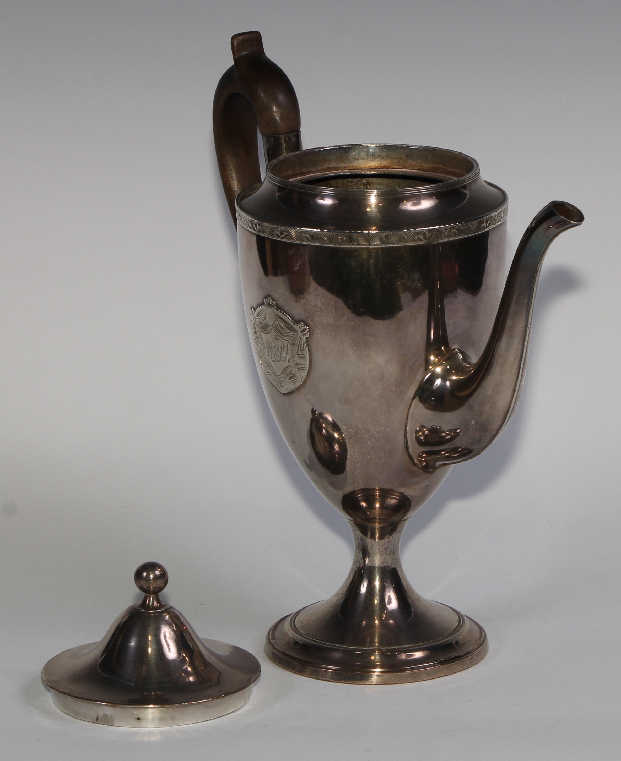 A George III Old Sheffield Plate urnular pedestal coffee pot, domed cover with ball finial, - Image 4 of 5