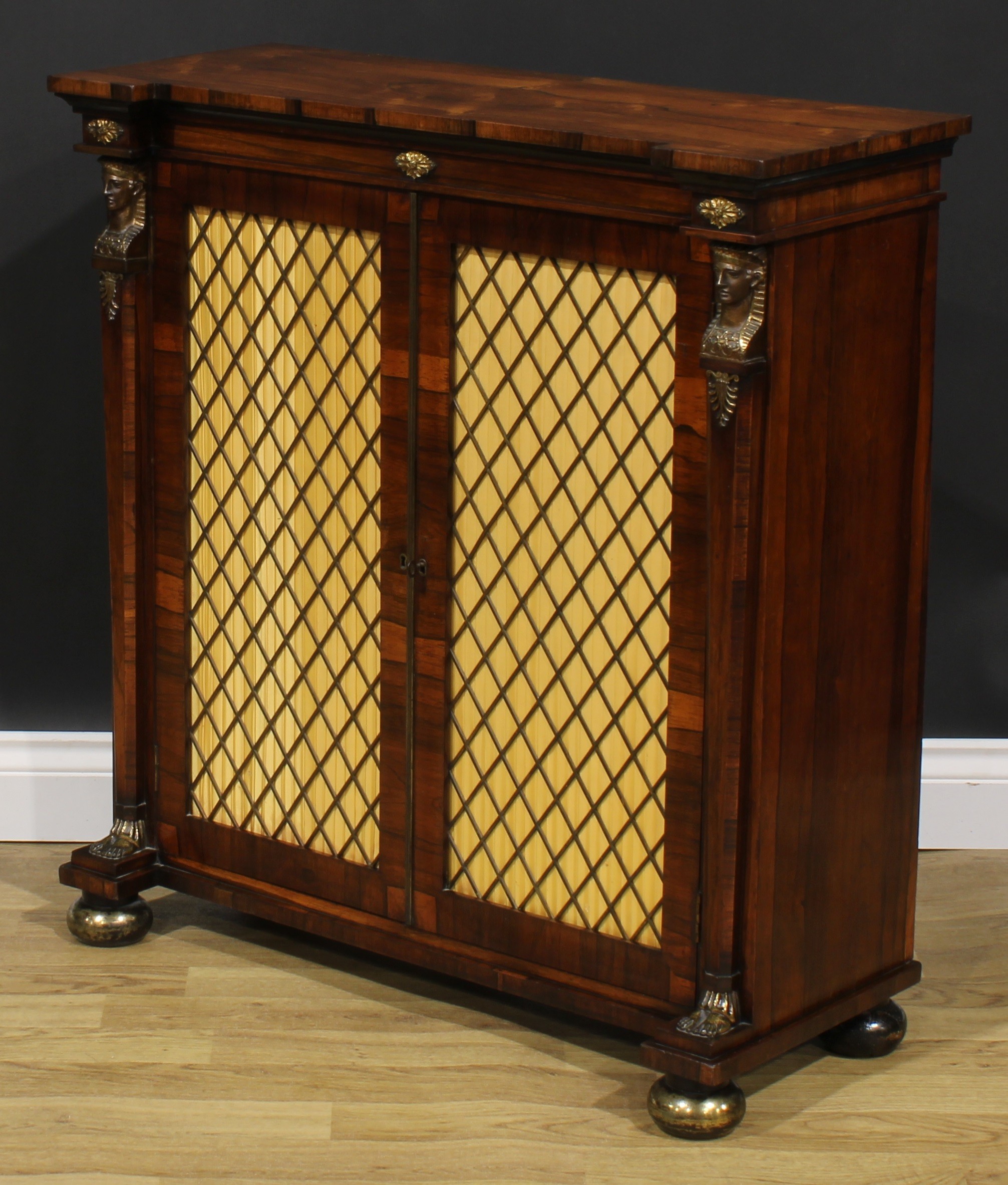 A Regency Egyptian Revival gilt metal mounted rosewood side cabinet, slightly oversailing top - Image 5 of 6