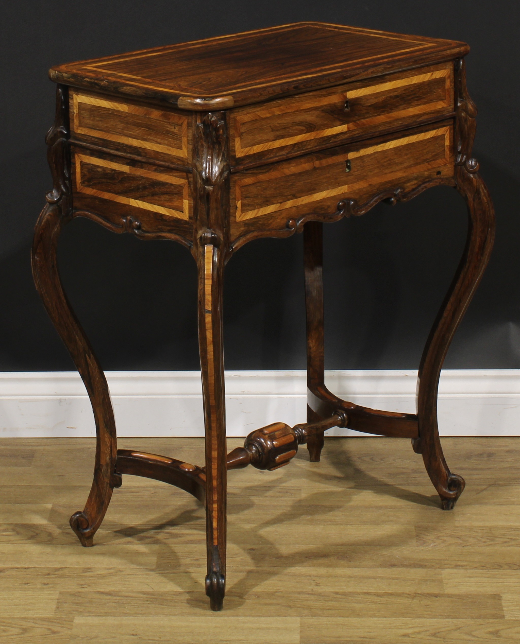 A Louis XV Revival kingwood banded rosewood work table, hinged top above a long apron drawer, French - Image 3 of 6