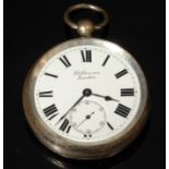 A Victorian silver open faced watch, London 1859, 4.3cm enamel dial, Roman chapter, subsidiary