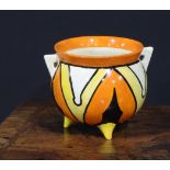 A Clarice Cliff Bizarre Keyhole pattern two handled cauldron, painted with bold geometric shapes in