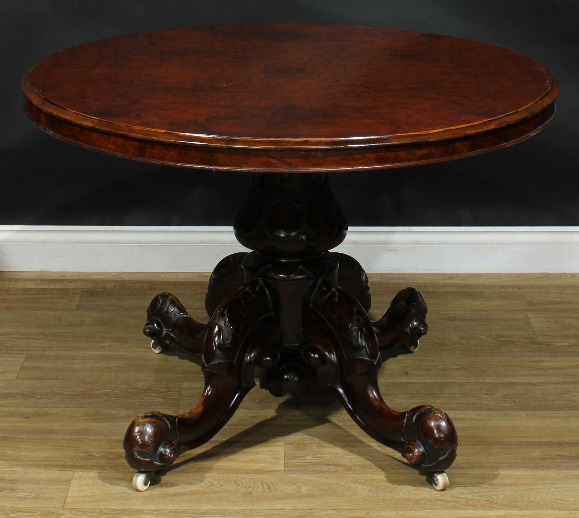 A Victorian walnut centre table, oval tilting top, turned column, cabriole legs, ceramic casters, - Image 2 of 4