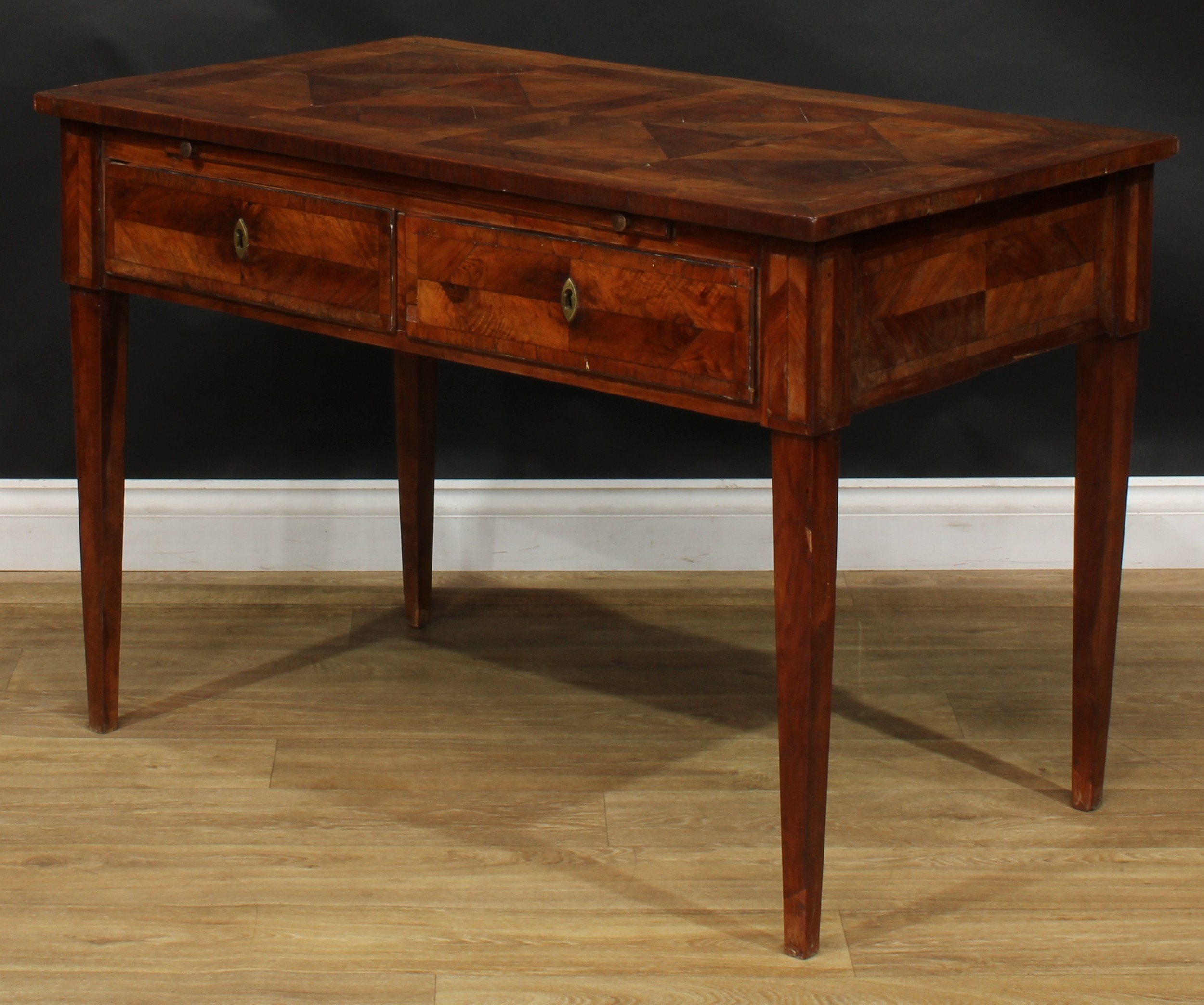An 18th century French Provincial side table, rectangular top with geometric parquetry veneers, - Image 6 of 7