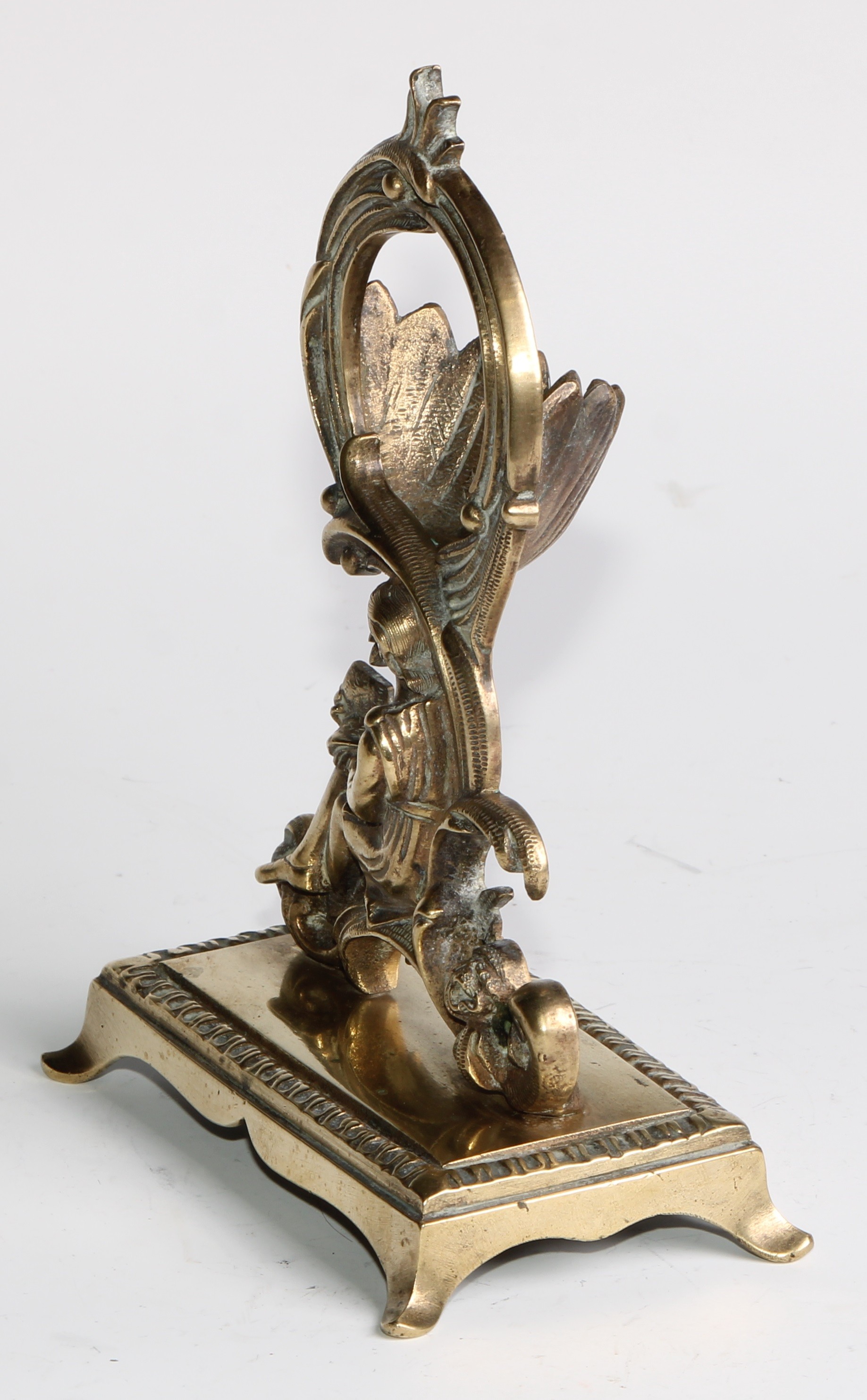 A 19th century brass pocket watch stand, cast in the Rococo taste with a figure reading, 17cm - Image 4 of 5