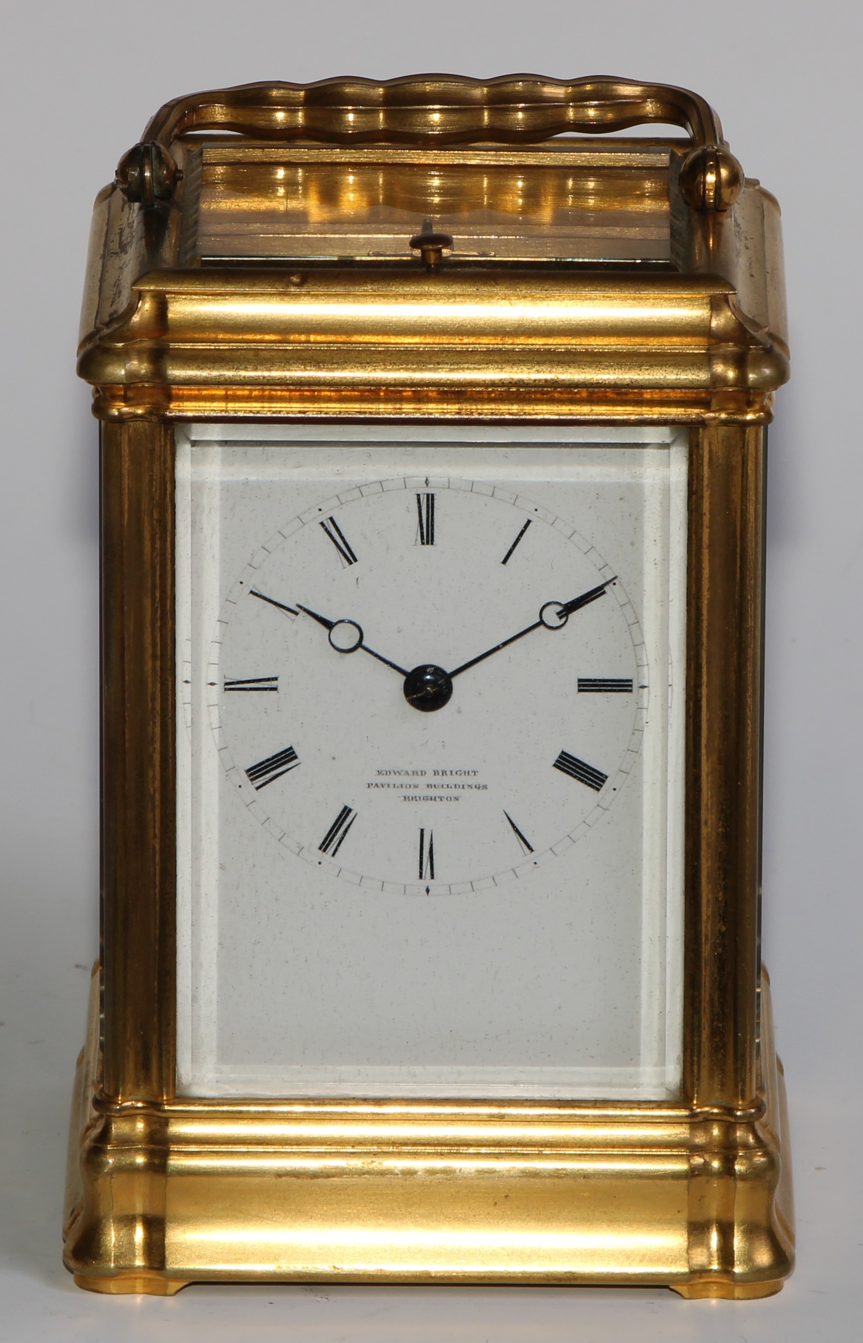 A 19th century gilt brass carriage clock, 6cm rectangular enamel dial inscribed Edward Bright, - Image 3 of 8