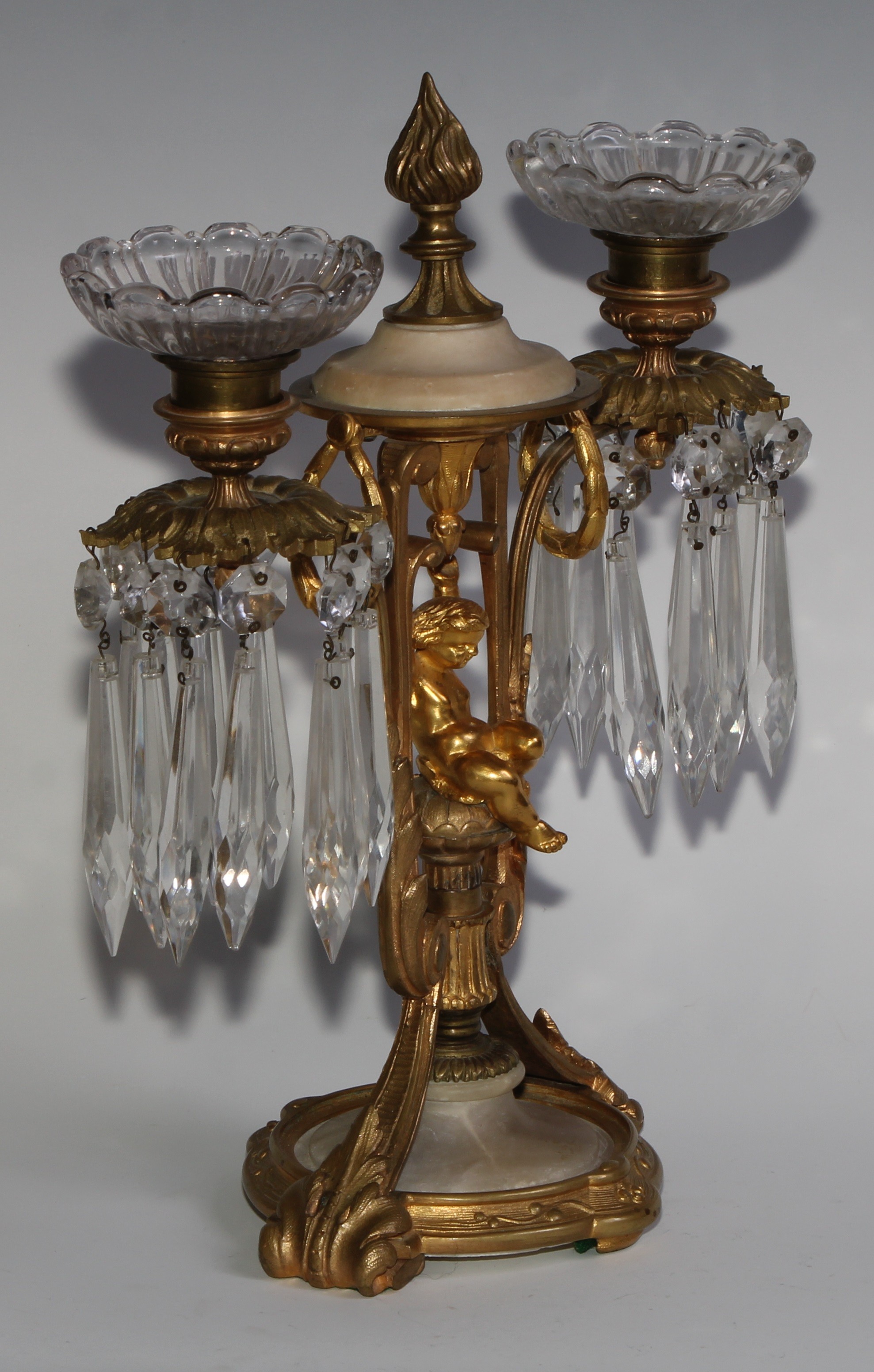 A pair of 19th century French gilt metal and alabaster two-light mantel candle lustres, each centred - Image 8 of 10