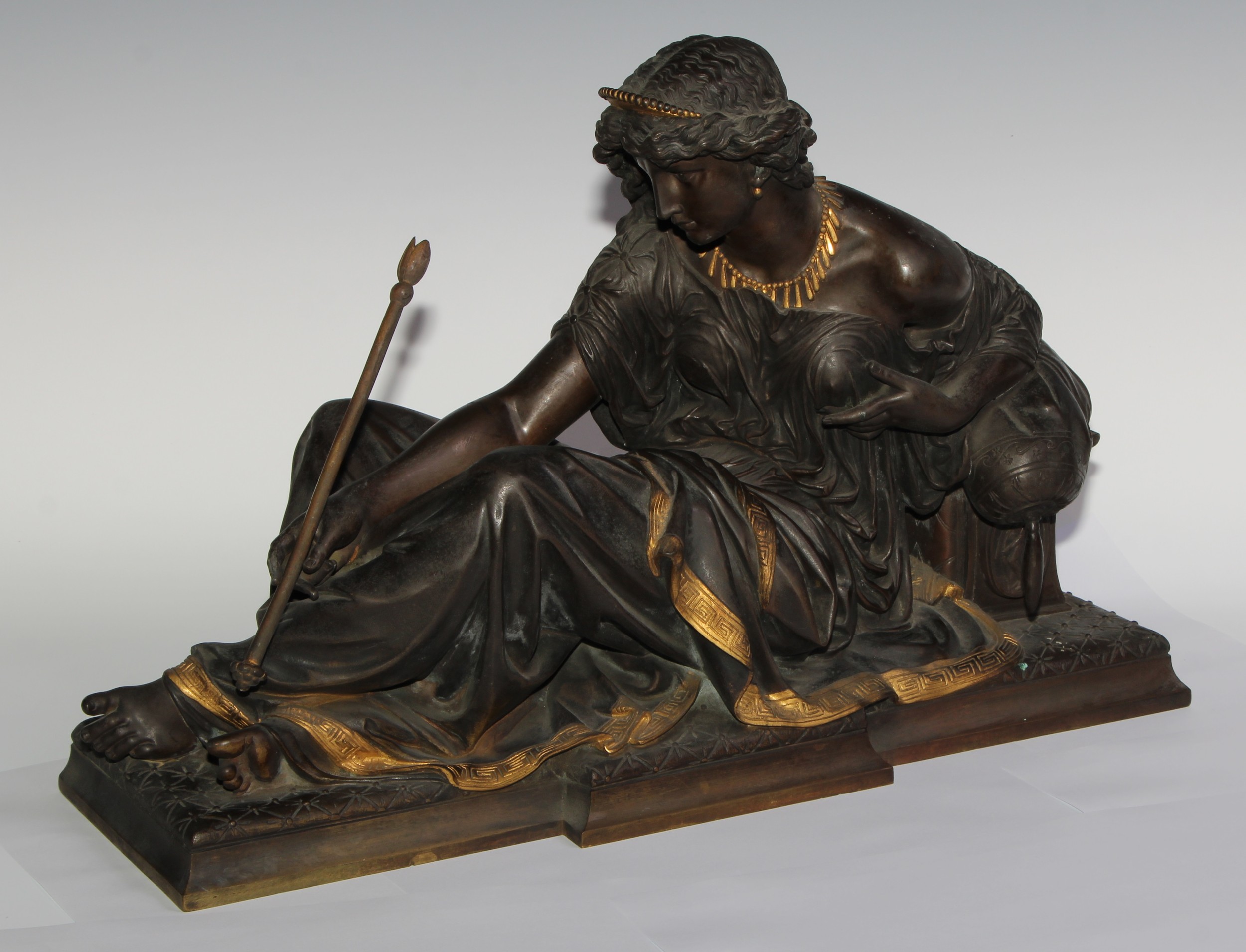 French School (19th century), a dark patinated and parcel-gilt bronze, of Diana, 48cm wide - Image 3 of 5