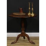 A George III oak tripod occasional table, circular tilting top, cannon barrel column, cabriole legs,