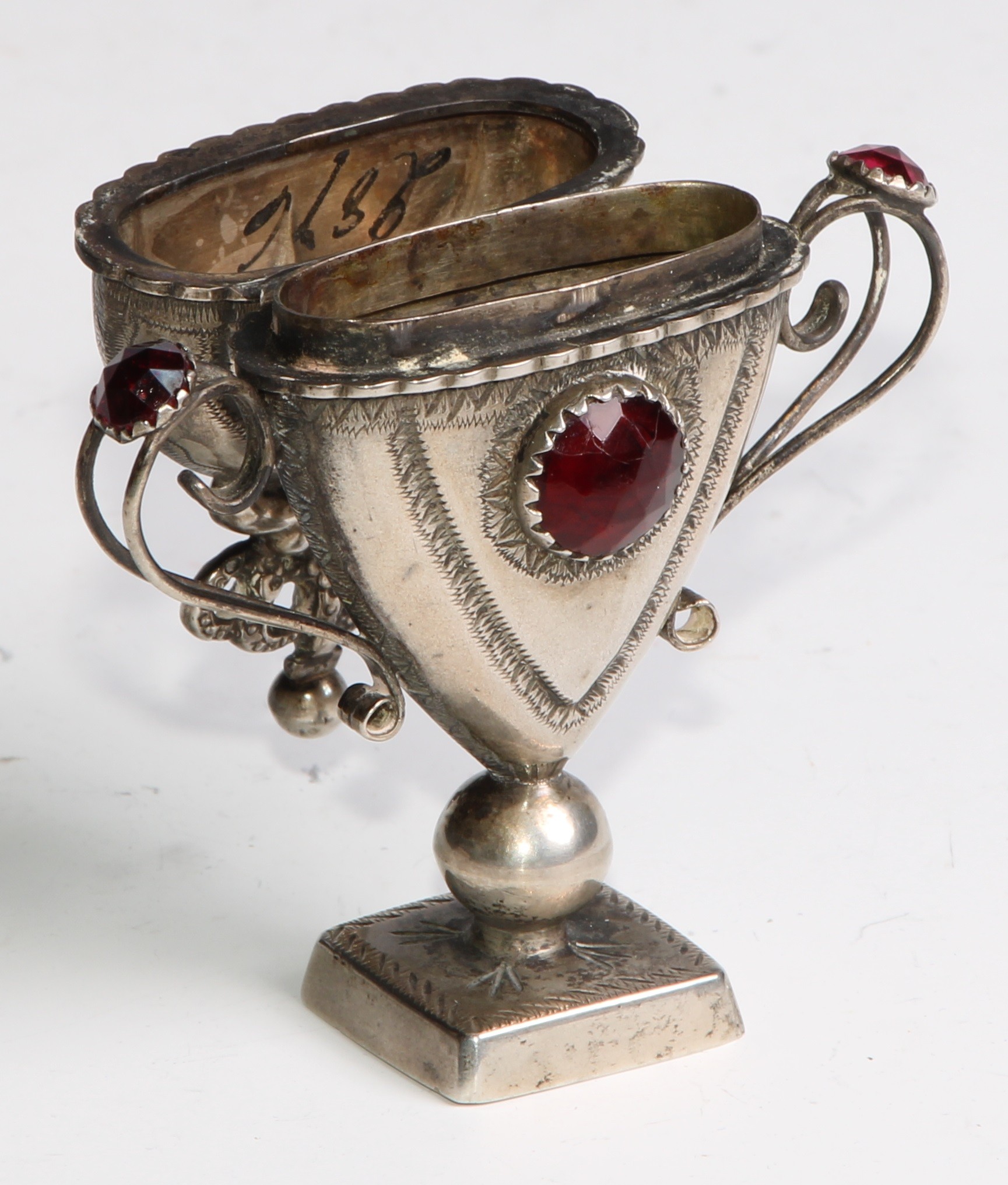 A Danish silver heart shaped hovedvandsaeg marriage box, set with red stones, hinged cover crested - Image 4 of 6