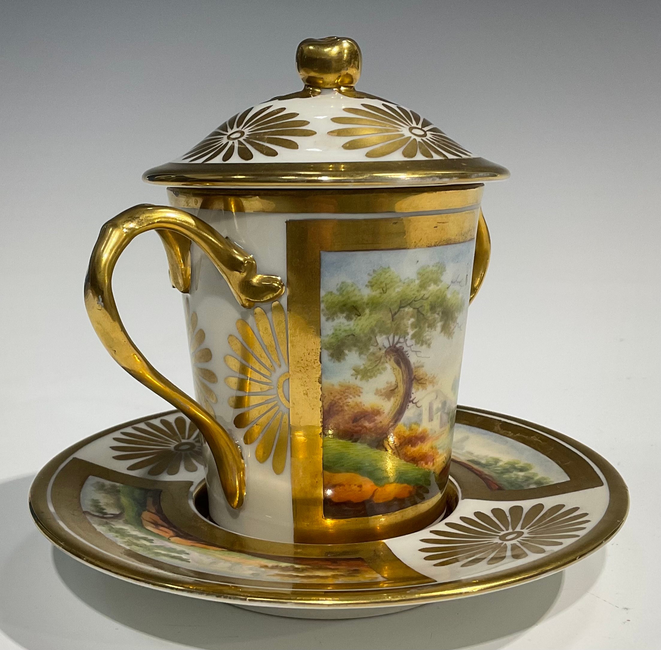 A 19th century Paris porcelain two handled covered chocolate cup and stand, the cup and saucer - Image 3 of 7