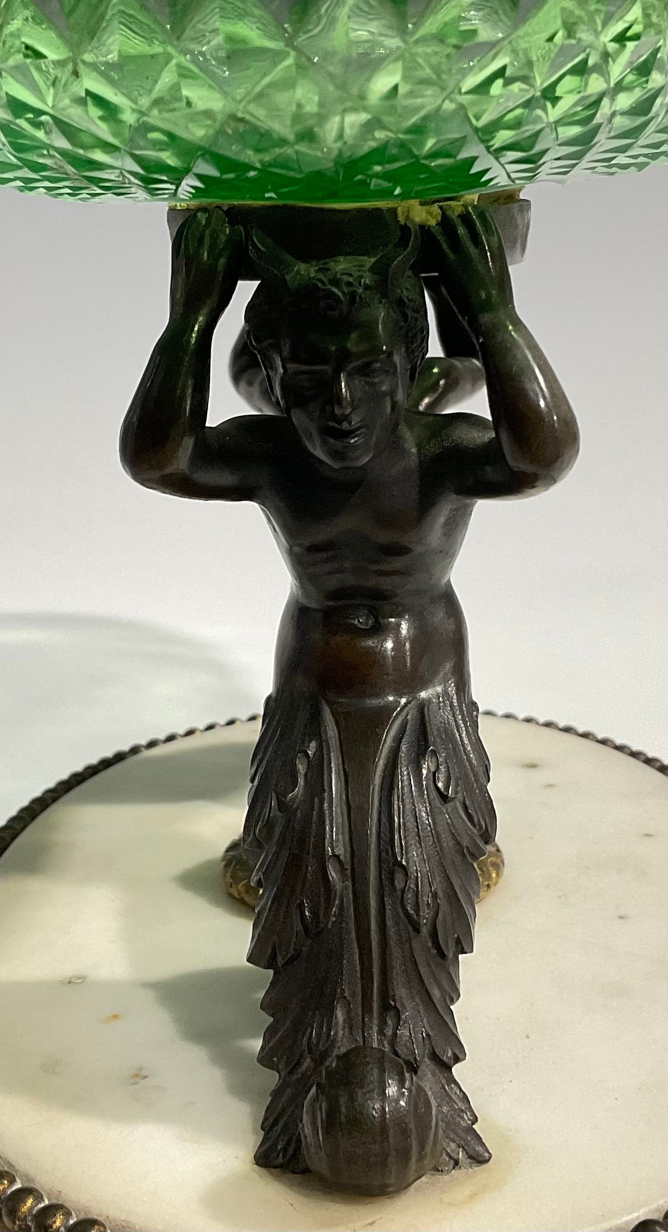 A 19th century dark patinated bronze, carara marble and green glass table centrepiece, the oval - Image 4 of 5